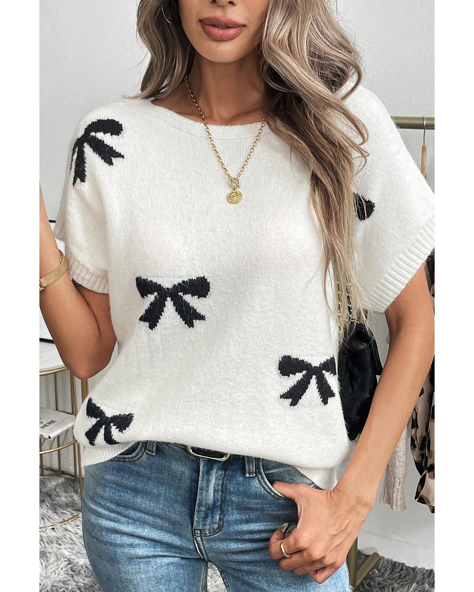 Black Bow Pattern Knit Short Sleeve Sweater - L 4