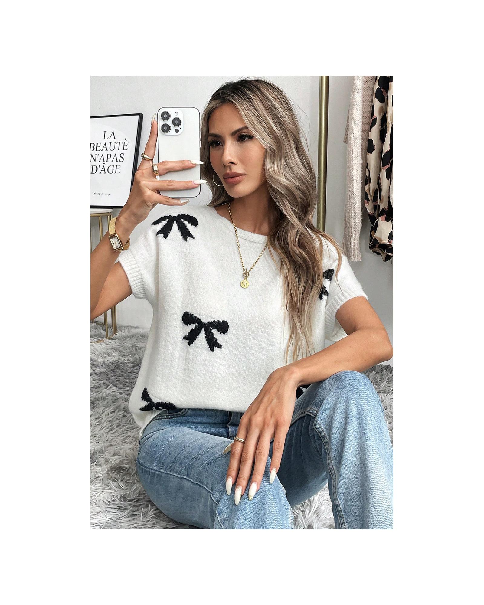 Black Bow Pattern Knit Short Sleeve Sweater - L 5