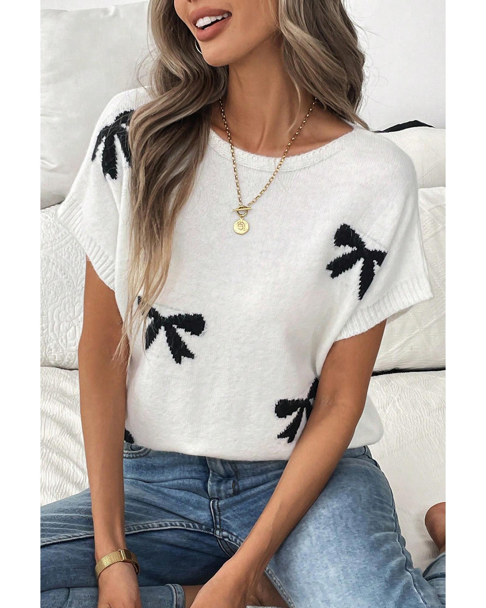 Black Bow Pattern Knit Short Sleeve Sweater - M 3