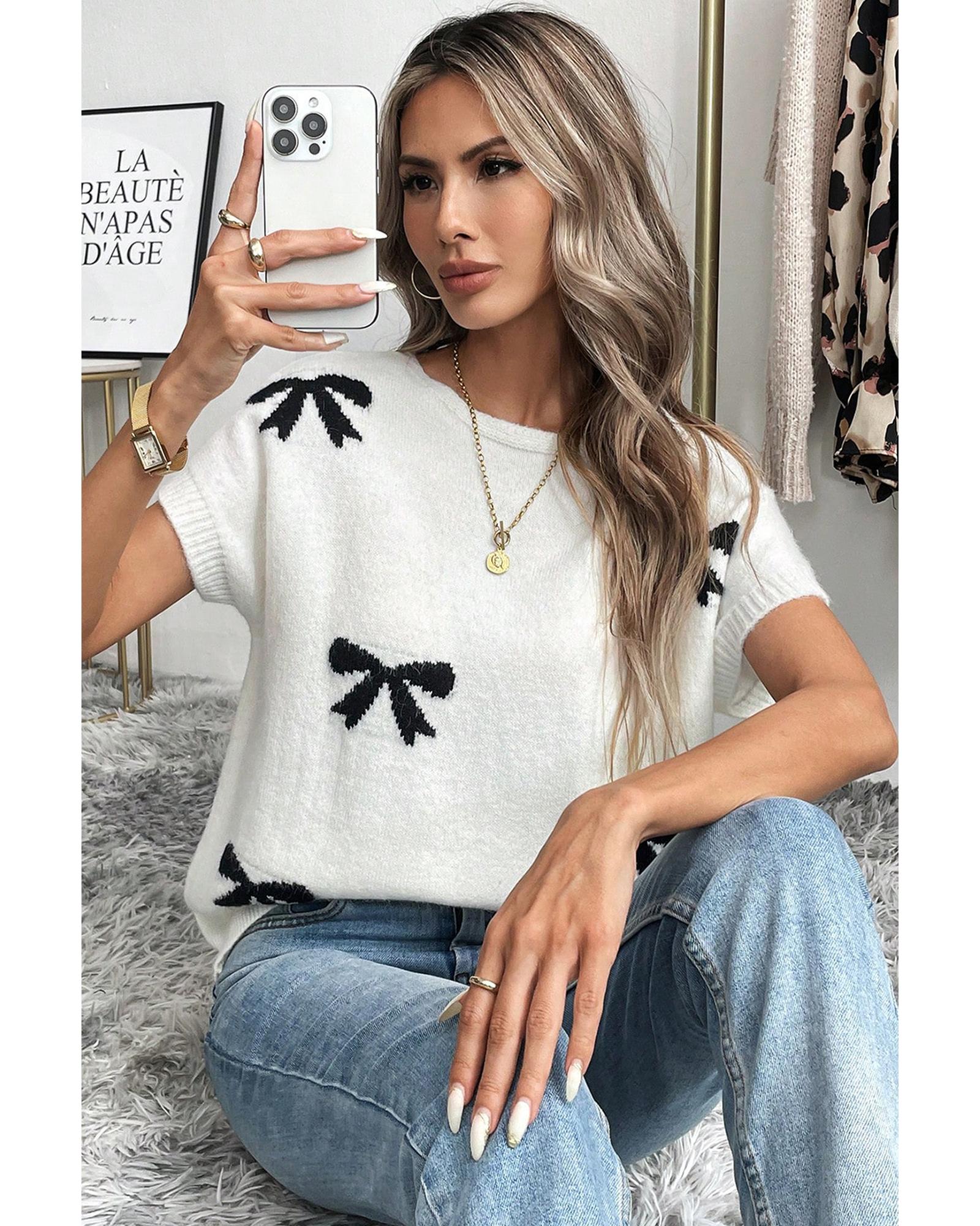 Black Bow Pattern Knit Short Sleeve Sweater - M 5