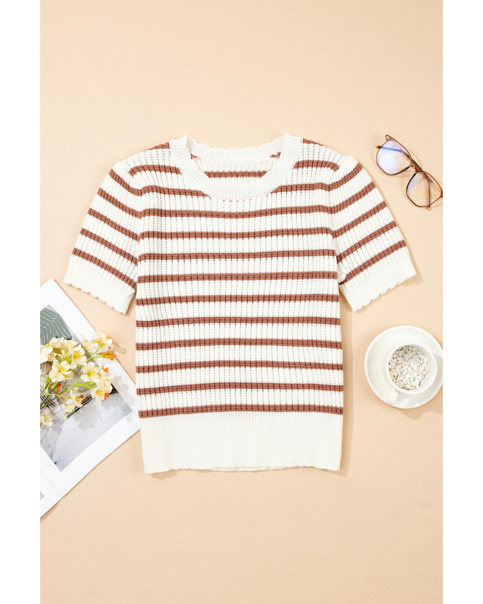 Khaki Stripe Scalloped Round Neck Short Sleeve Sweater - L 4