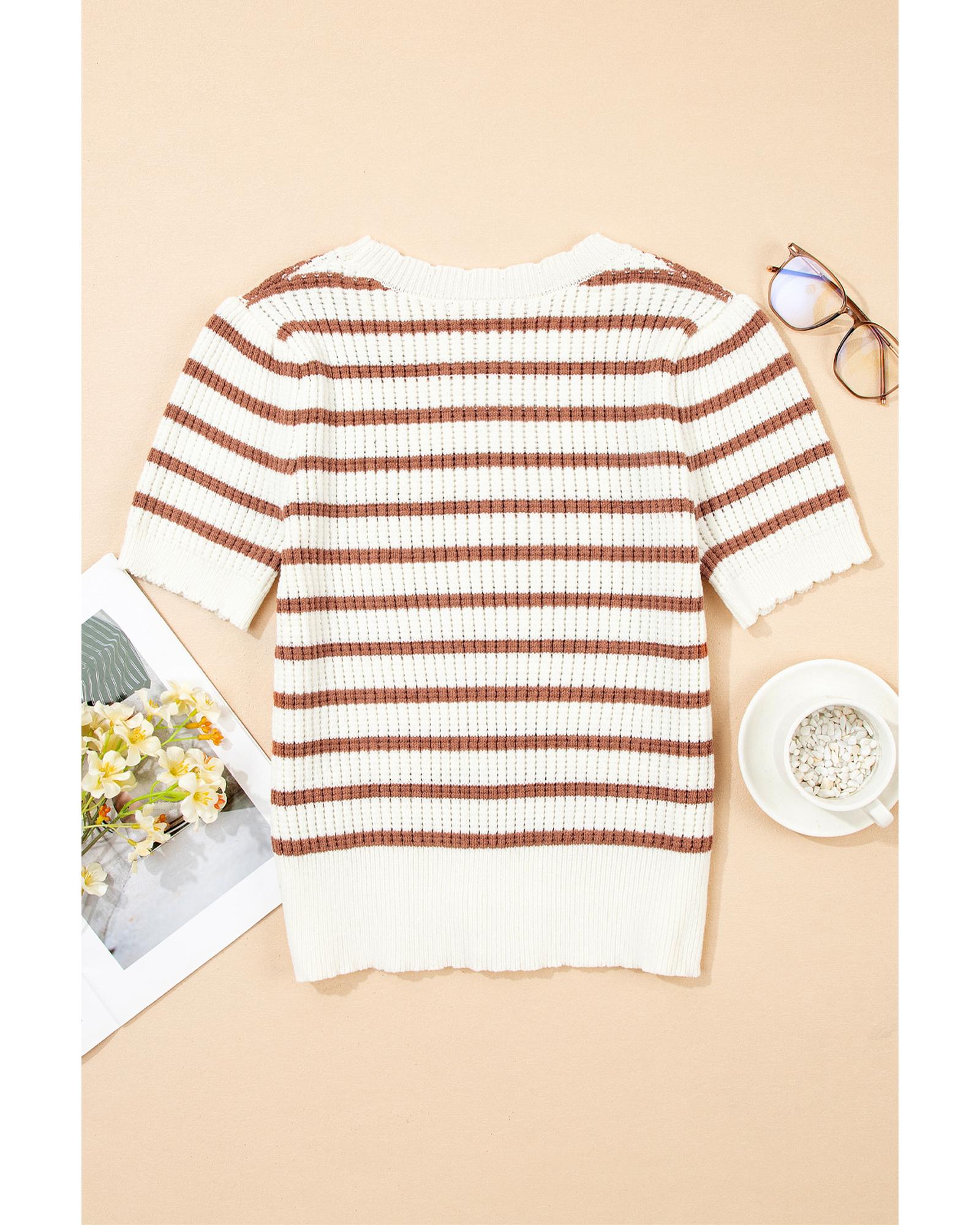 Khaki Stripe Scalloped Round Neck Short Sleeve Sweater - L 5