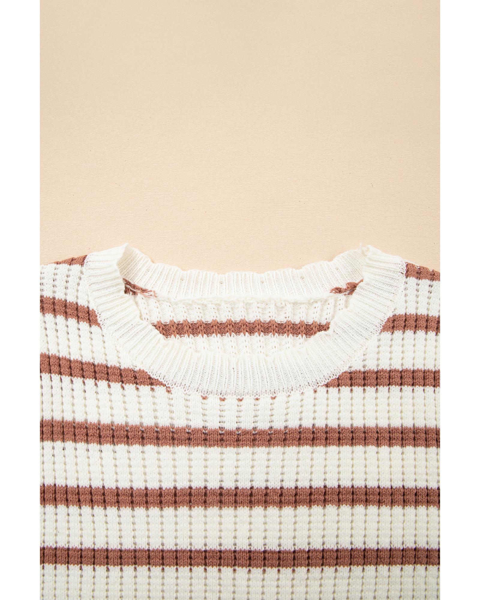 Khaki Stripe Scalloped Round Neck Short Sleeve Sweater - XL 6