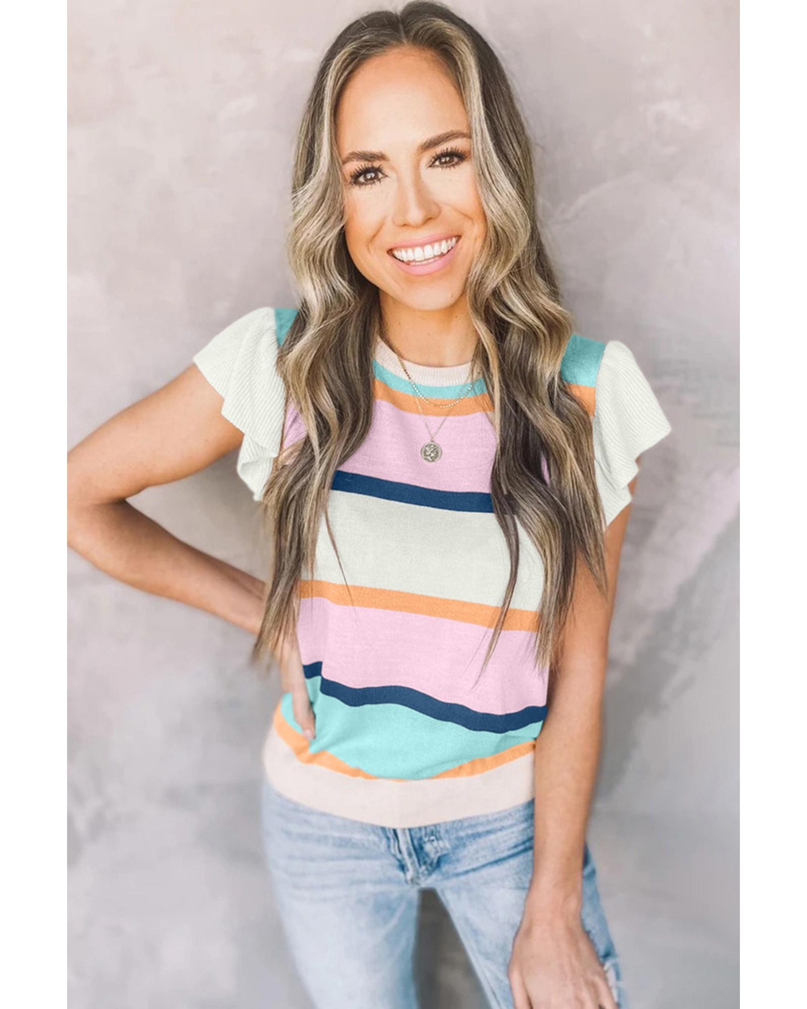 Multicolour Striped Color Block Flutter Sleeve Patchwork Sweater Top - S 3