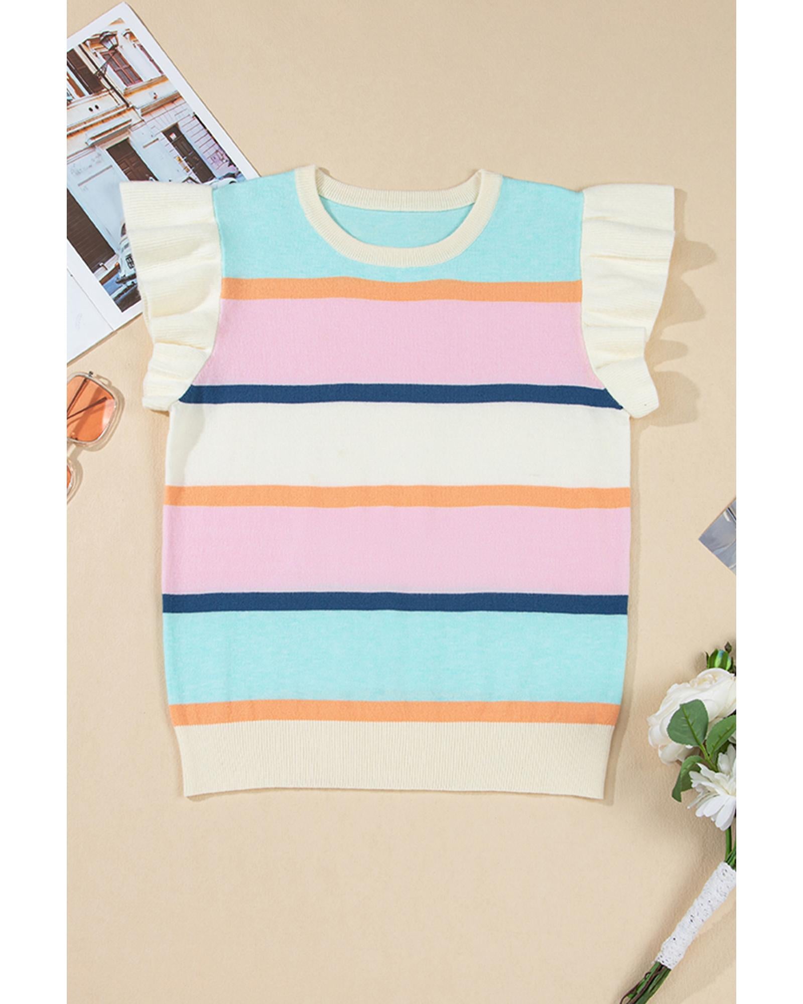 Multicolour Striped Color Block Flutter Sleeve Patchwork Sweater Top - S 5