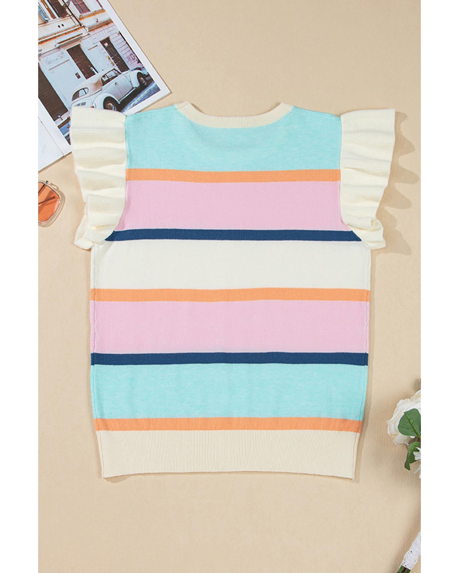 Multicolour Striped Color Block Flutter Sleeve Patchwork Sweater Top - S 6