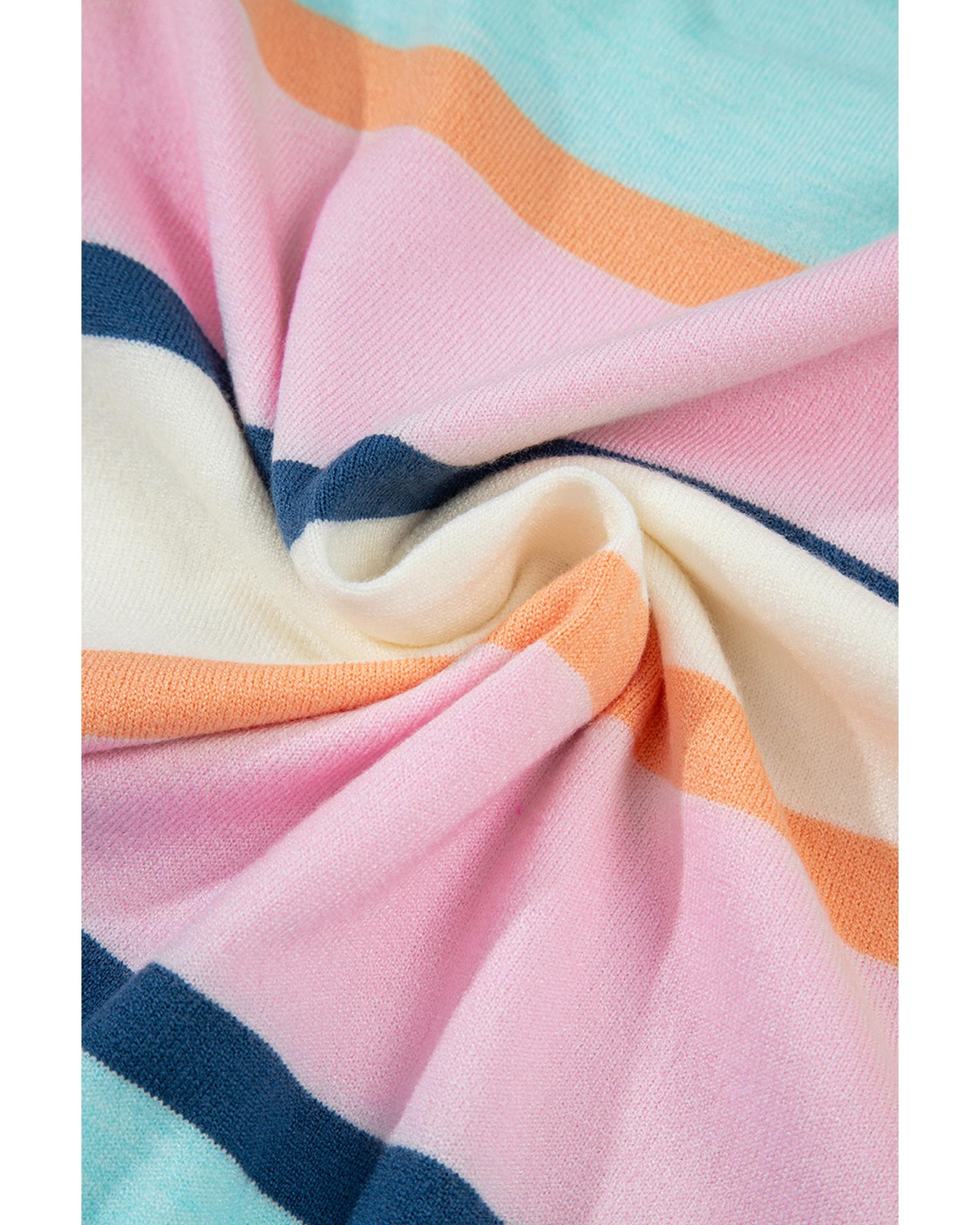 Multicolour Striped Color Block Flutter Sleeve Patchwork Sweater Top - S 7