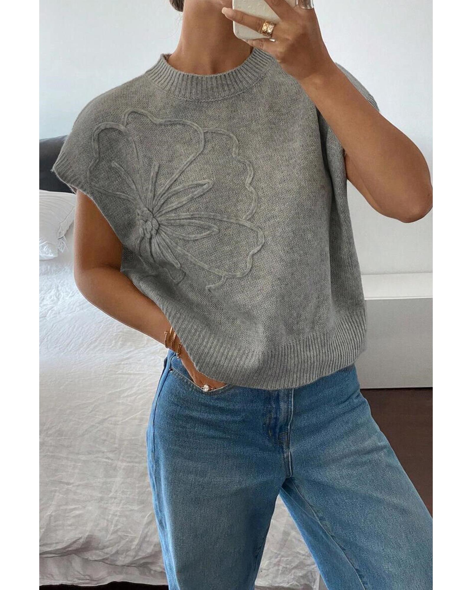High Flower Pattern Ribbed Trim Short Sleeve Boxy Sweater - XL 4