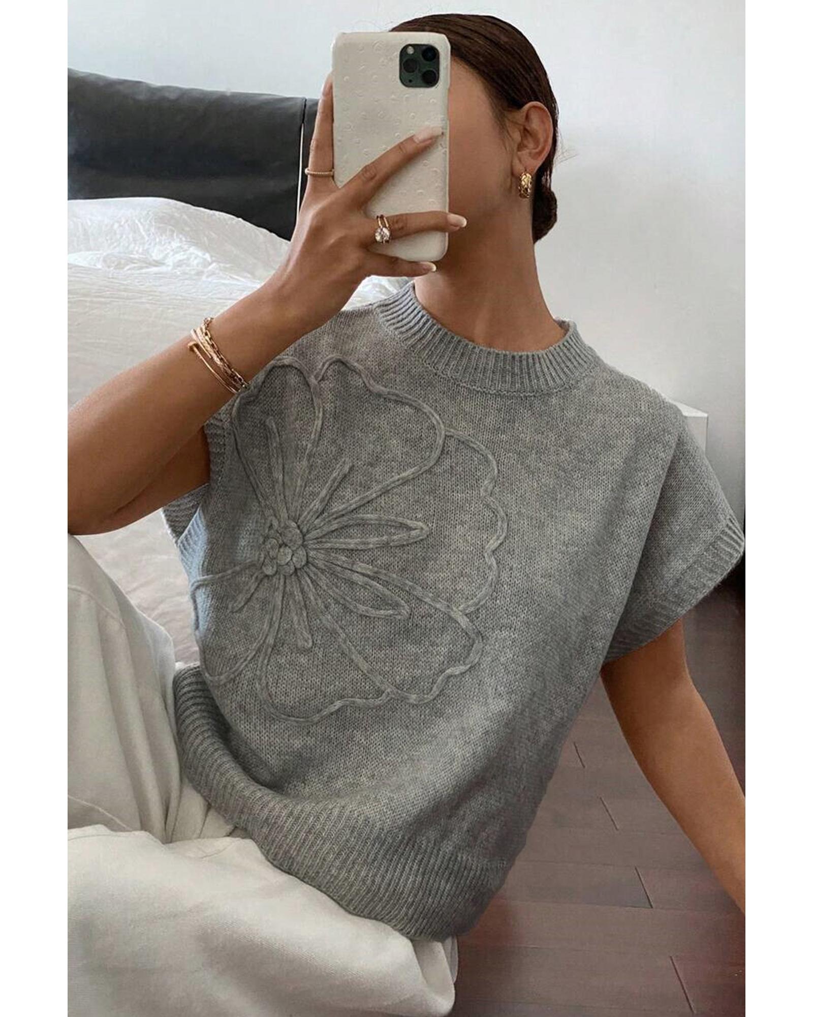High Flower Pattern Ribbed Trim Short Sleeve Boxy Sweater - XL 5