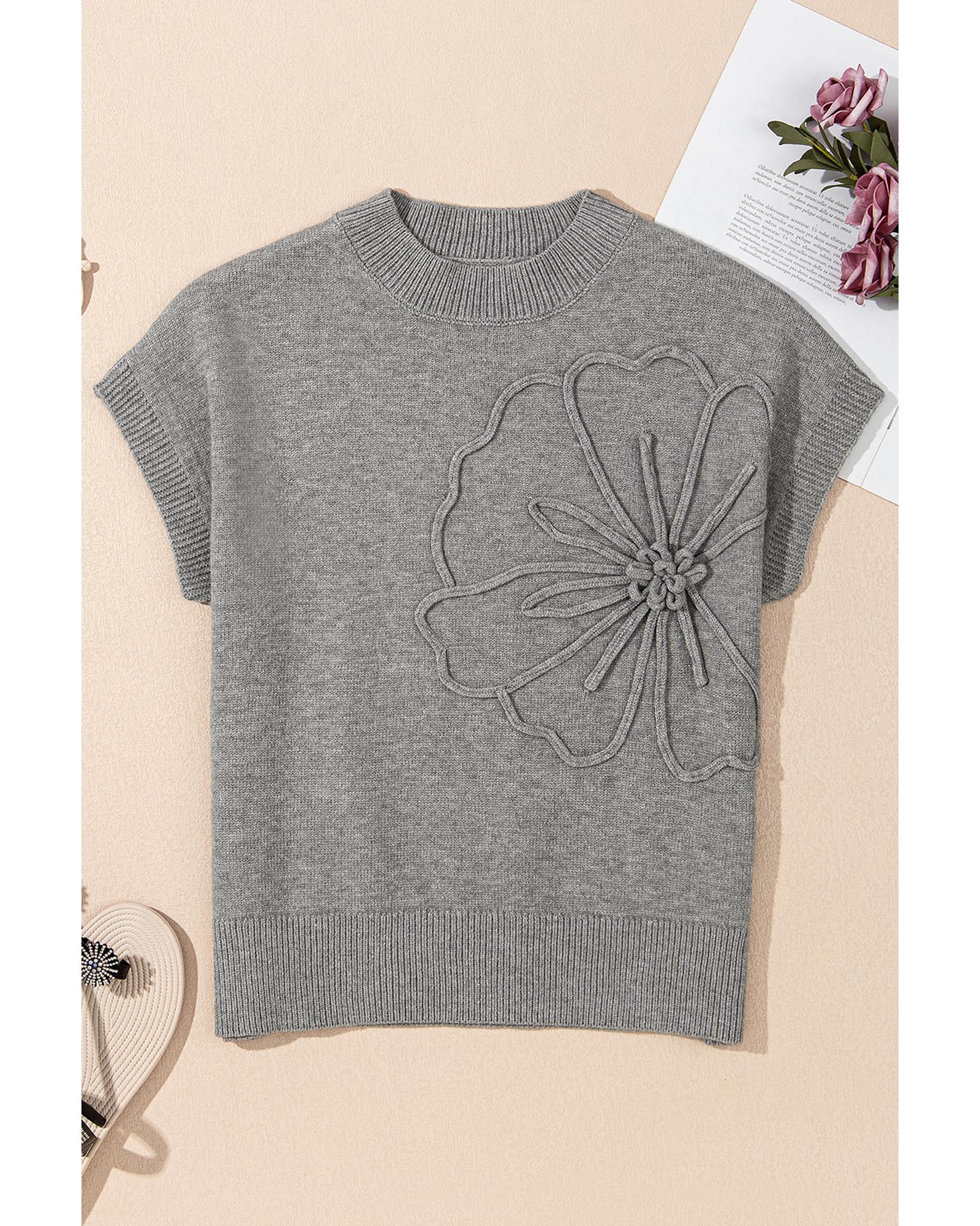 High Flower Pattern Ribbed Trim Short Sleeve Boxy Sweater - XL 6