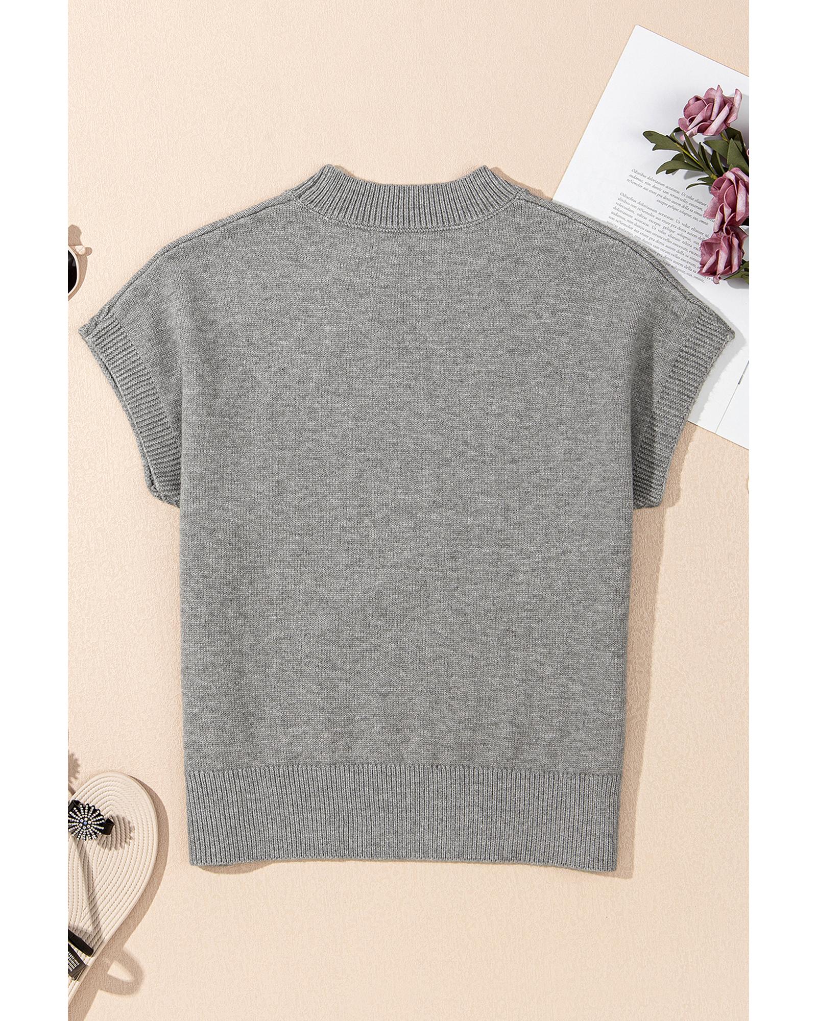 High Flower Pattern Ribbed Trim Short Sleeve Boxy Sweater - XL 7