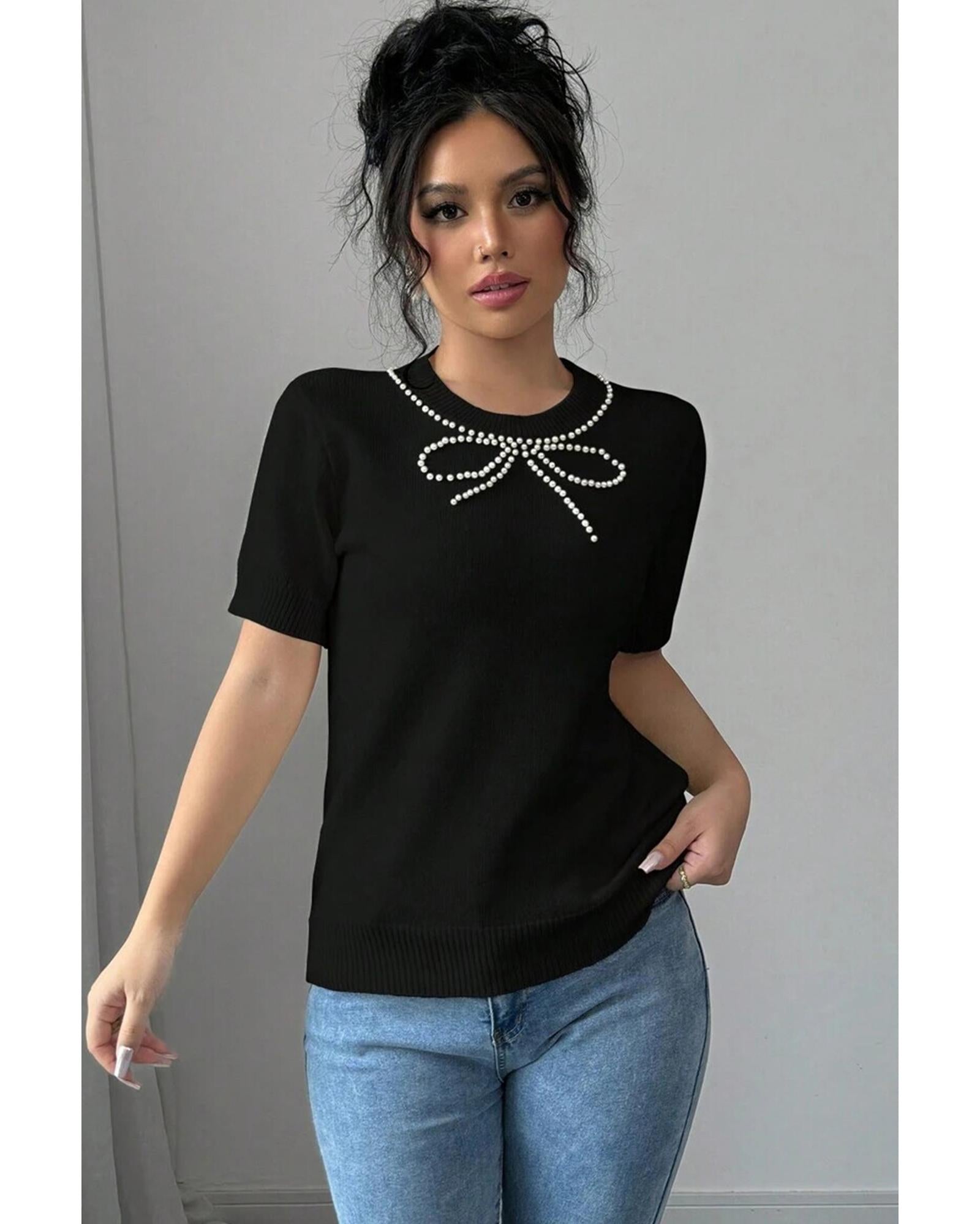 Black Pearl Bow Necklace Embellished Short Sleeve Knitted T Shirt - L 3