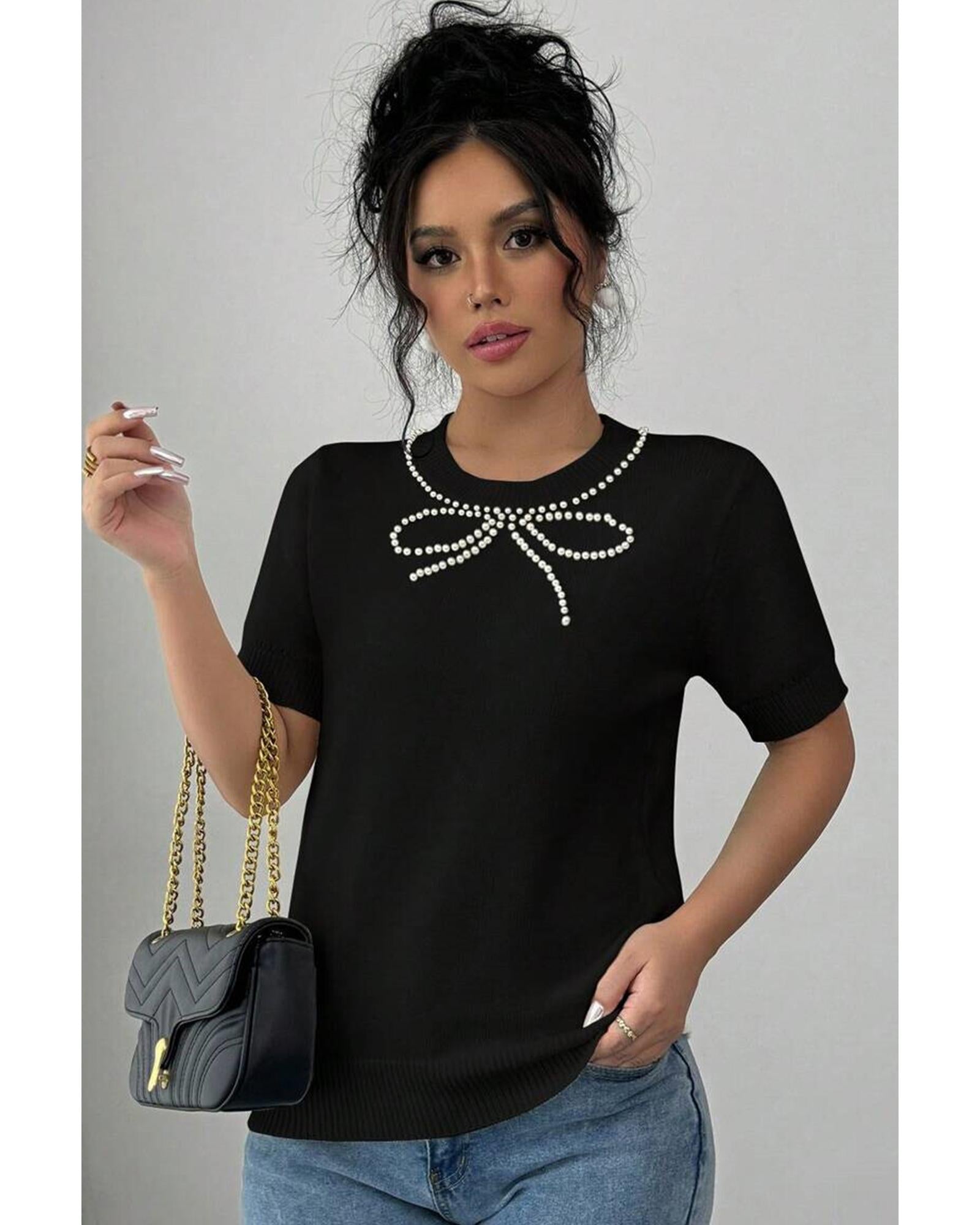 Black Pearl Bow Necklace Embellished Short Sleeve Knitted T Shirt - M 3