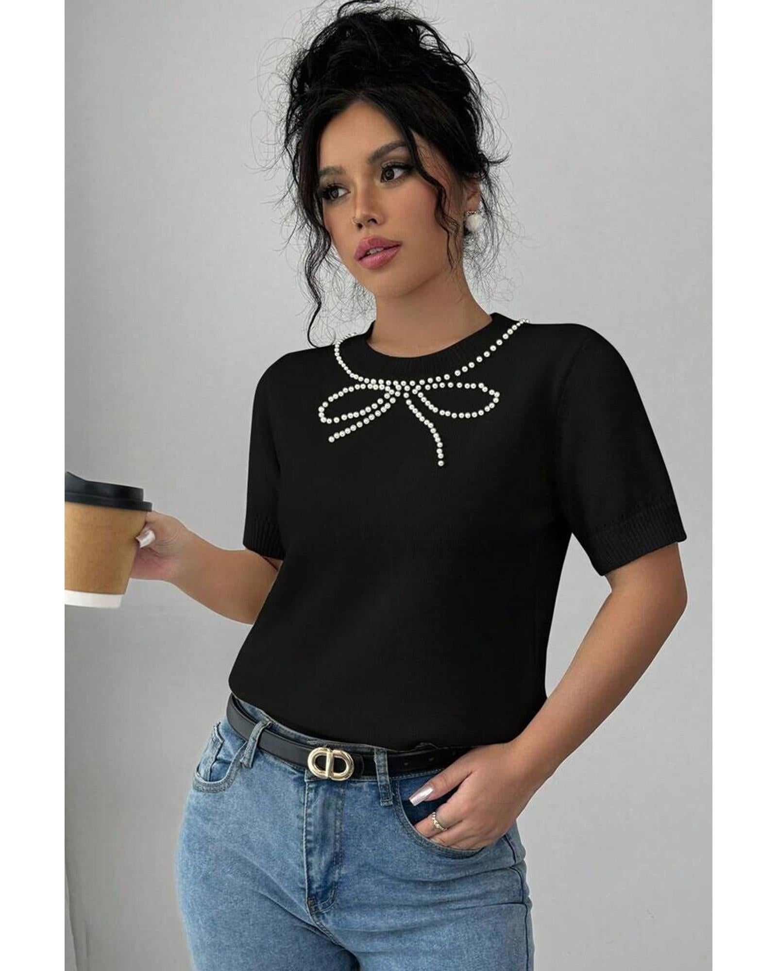 Black Pearl Bow Necklace Embellished Short Sleeve Knitted T Shirt - M 4