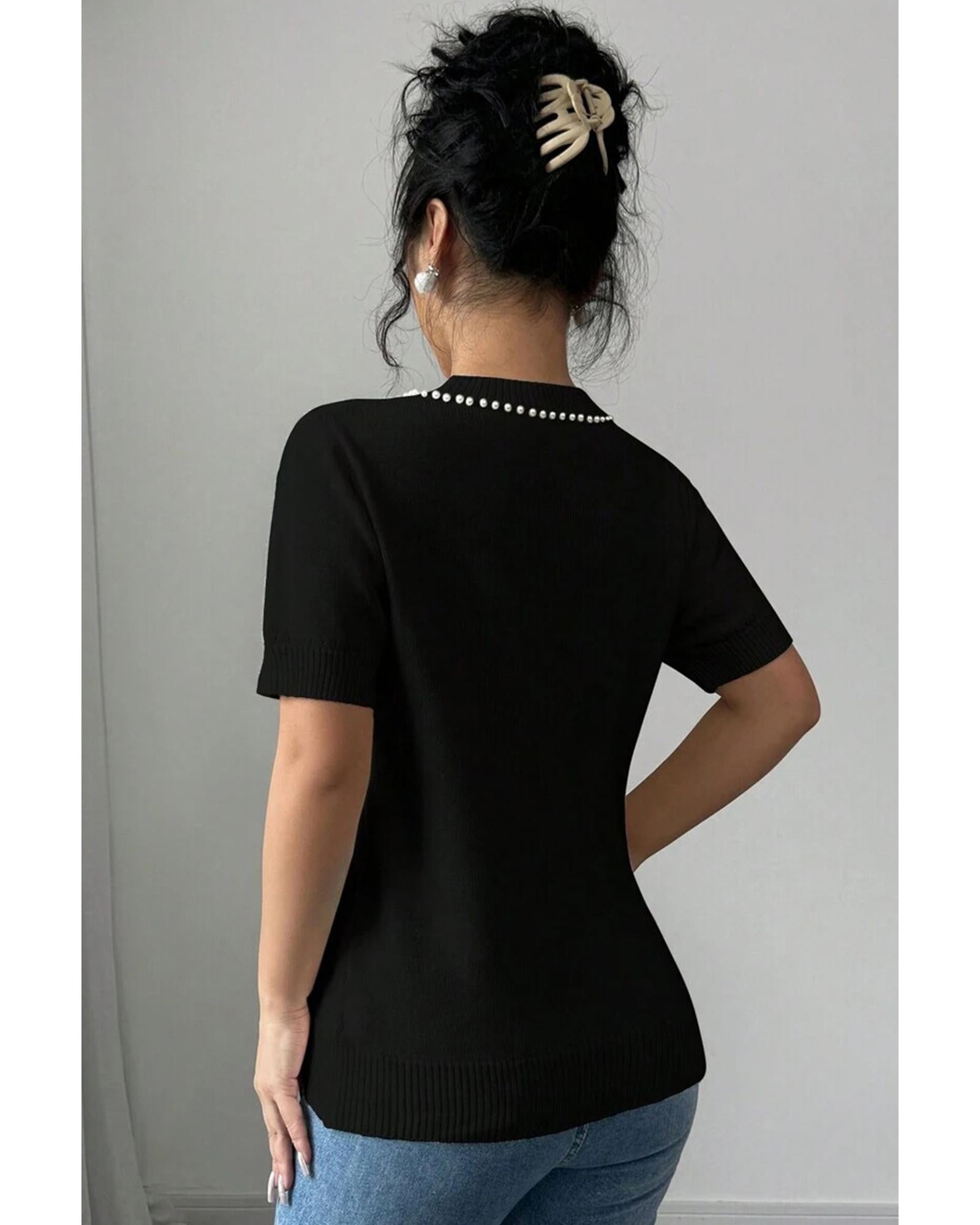 Black Pearl Bow Necklace Embellished Short Sleeve Knitted T Shirt - M 5