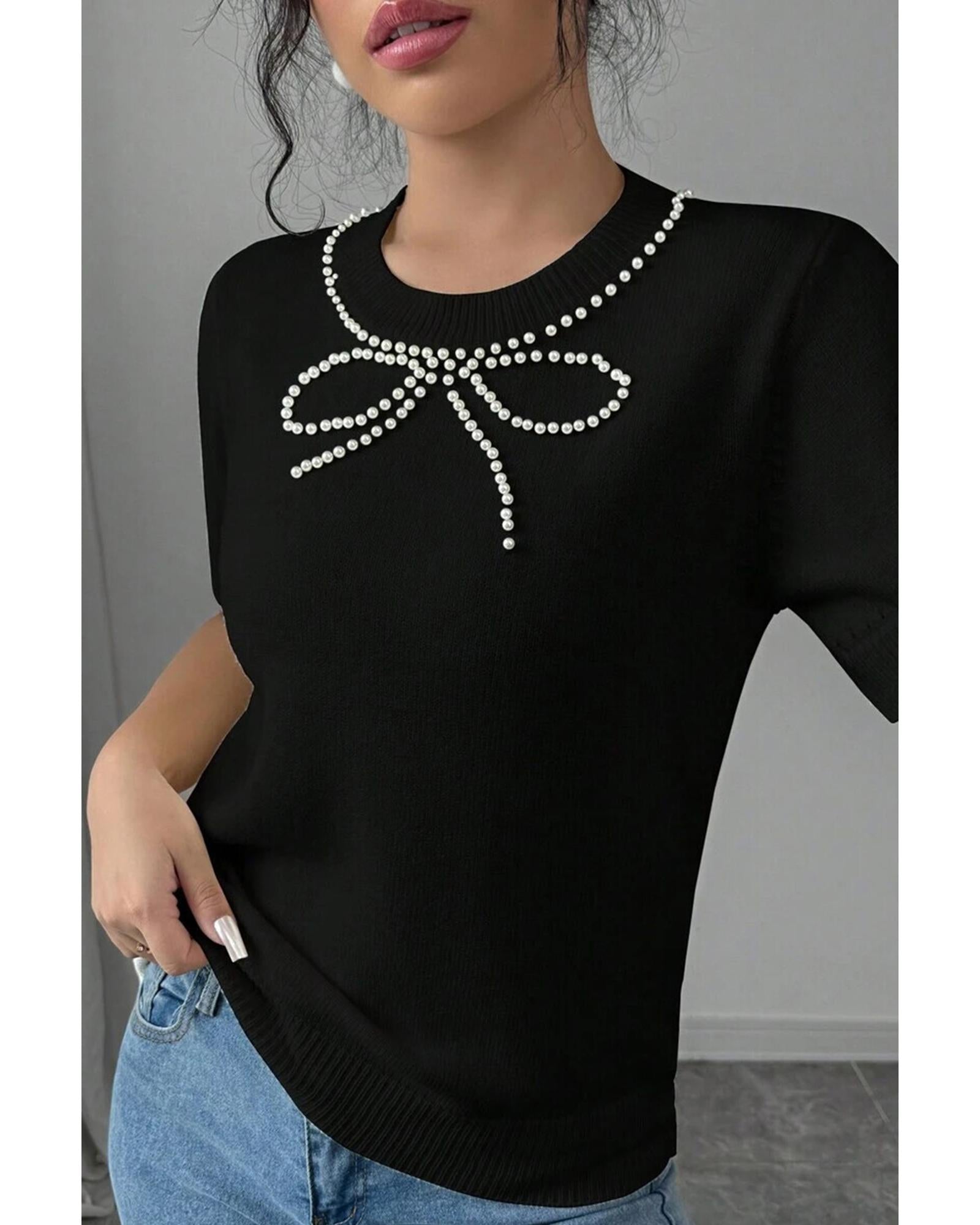 Black Pearl Bow Necklace Embellished Short Sleeve Knitted T Shirt - M 6