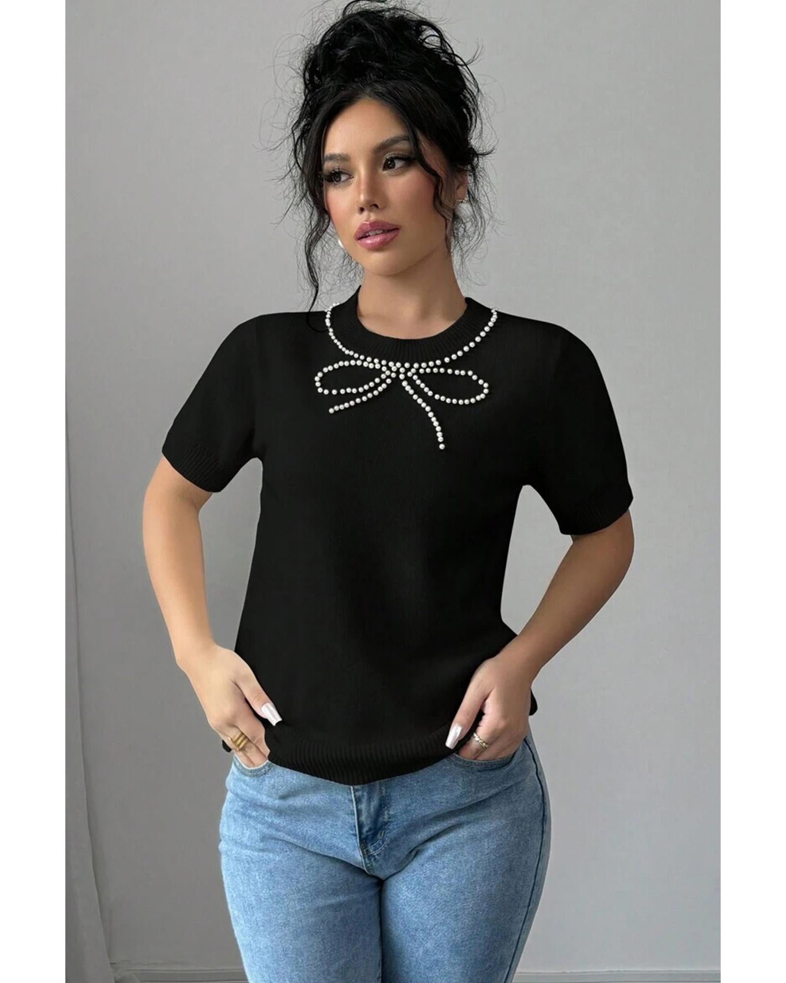 Black Pearl Bow Necklace Embellished Short Sleeve Knitted T Shirt - M 7