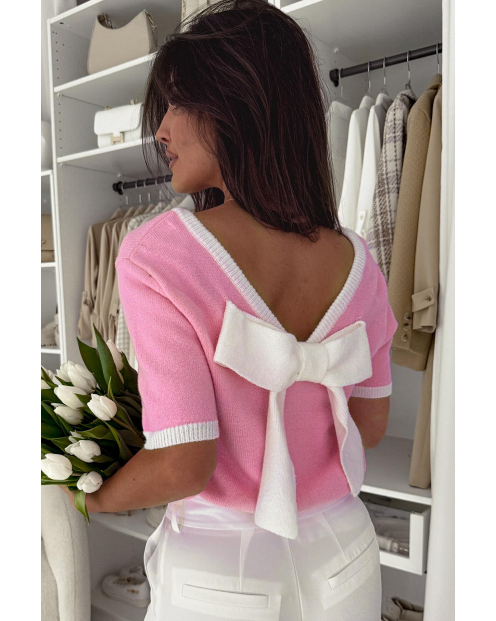 Bonbon Colorblock Bow V-Shape Cut Back Short Sleeve Sweater - L 6