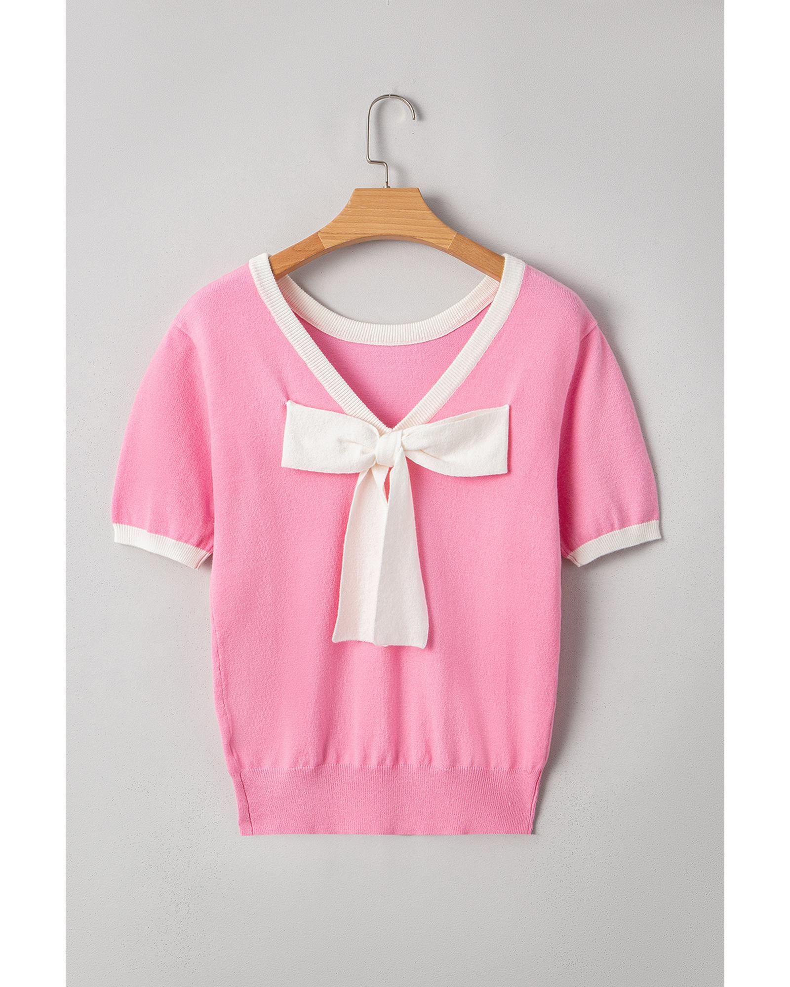 Bonbon Colorblock Bow V-Shape Cut Back Short Sleeve Sweater - L 7