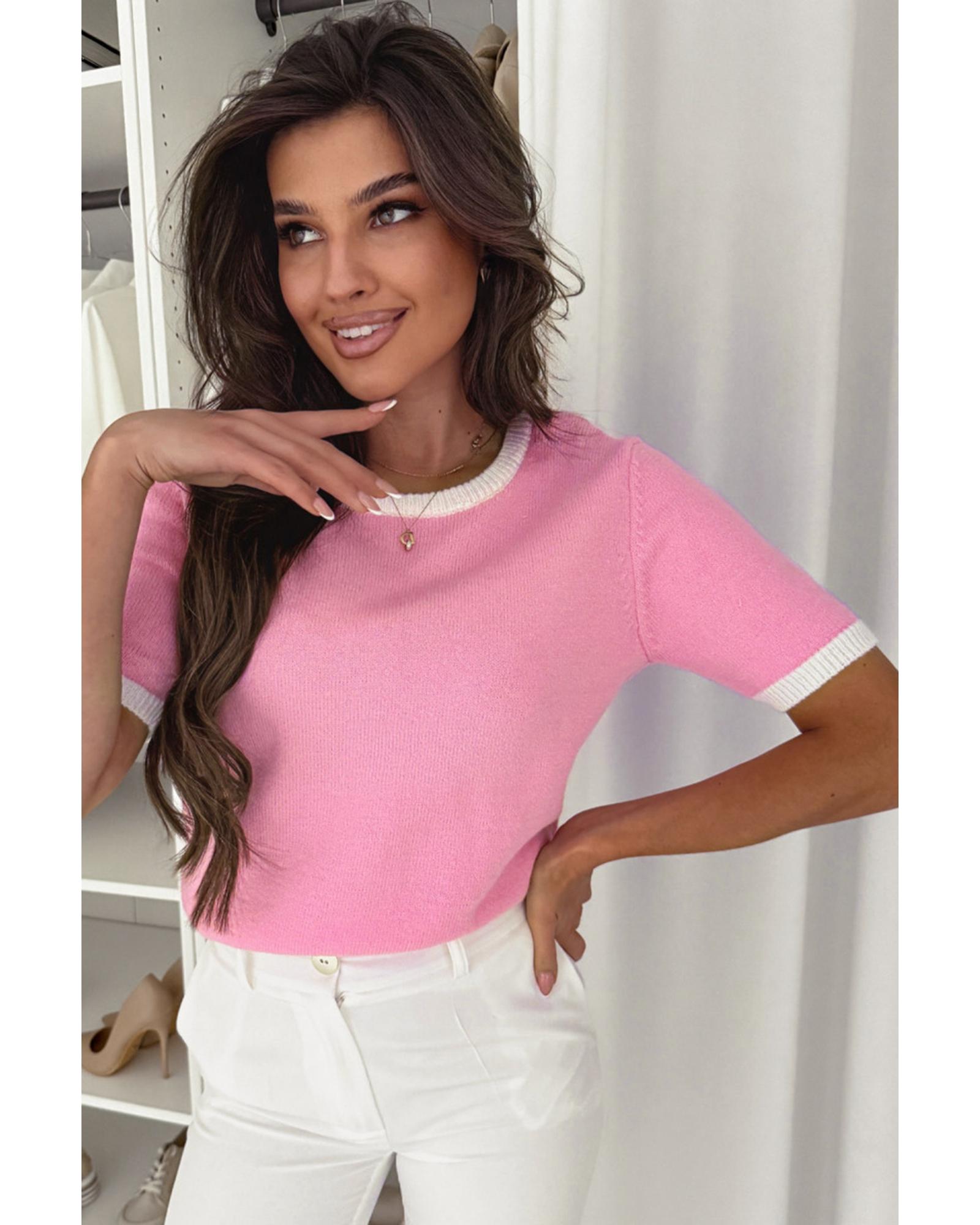 Bonbon Colorblock Bow V-Shape Cut Back Short Sleeve Sweater - M 4