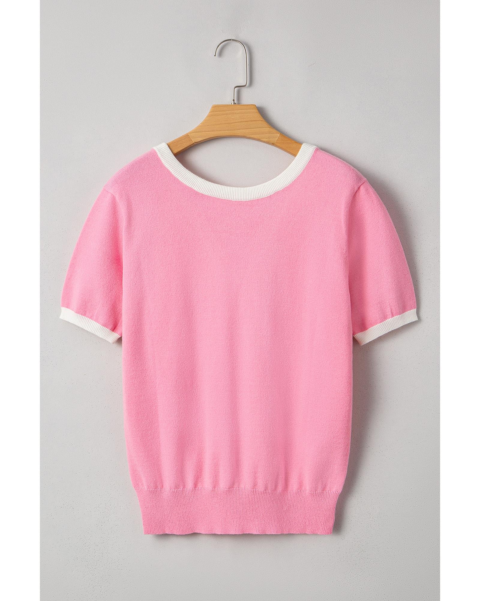 Bonbon Colorblock Bow V-Shape Cut Back Short Sleeve Sweater - XL 7