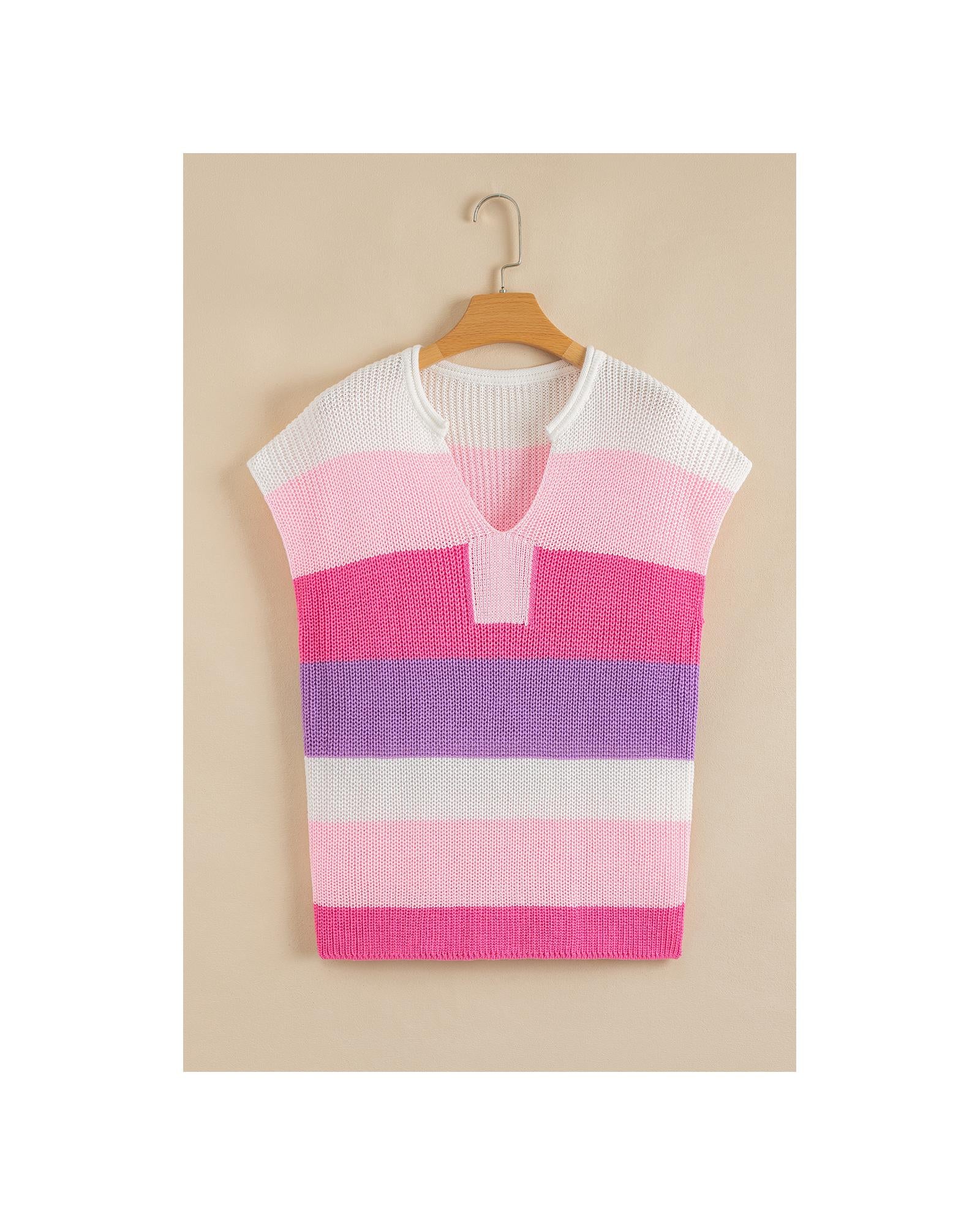 Pink Color Block Notch V Neck Sweater T Shirt - L 5