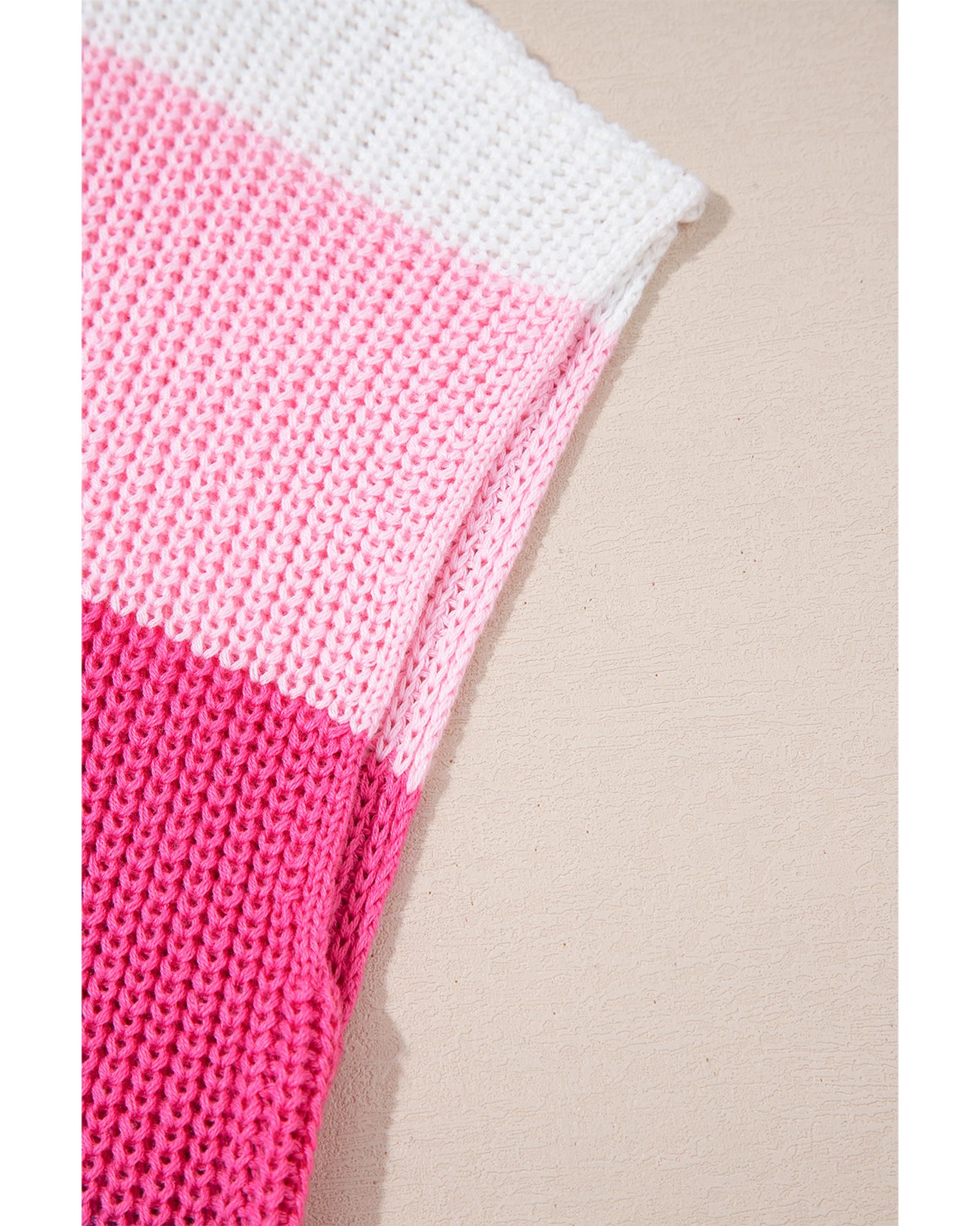 Pink Color Block Notch V Neck Sweater T Shirt - L 8