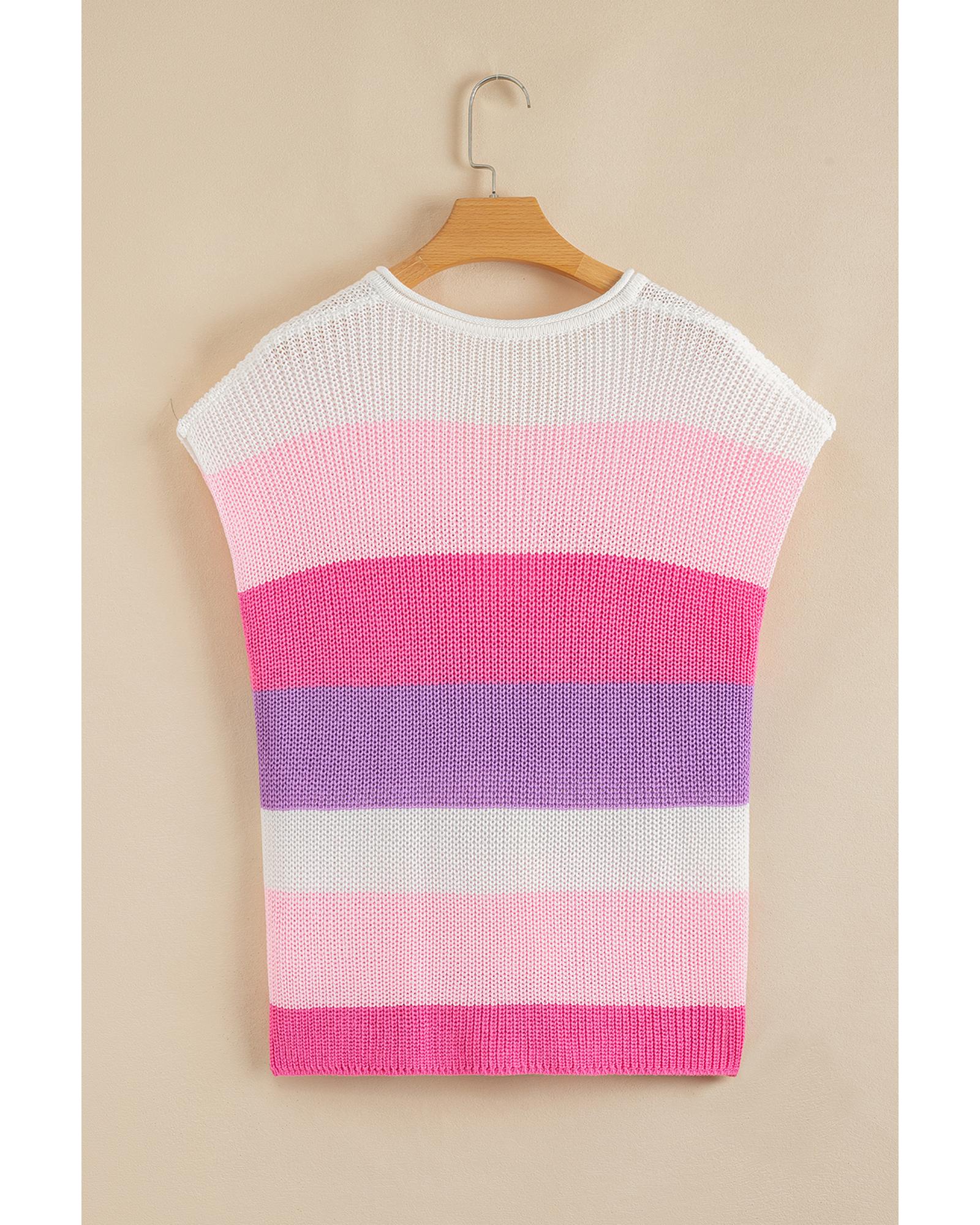 Pink Color Block Notch V Neck Sweater T Shirt - M 6
