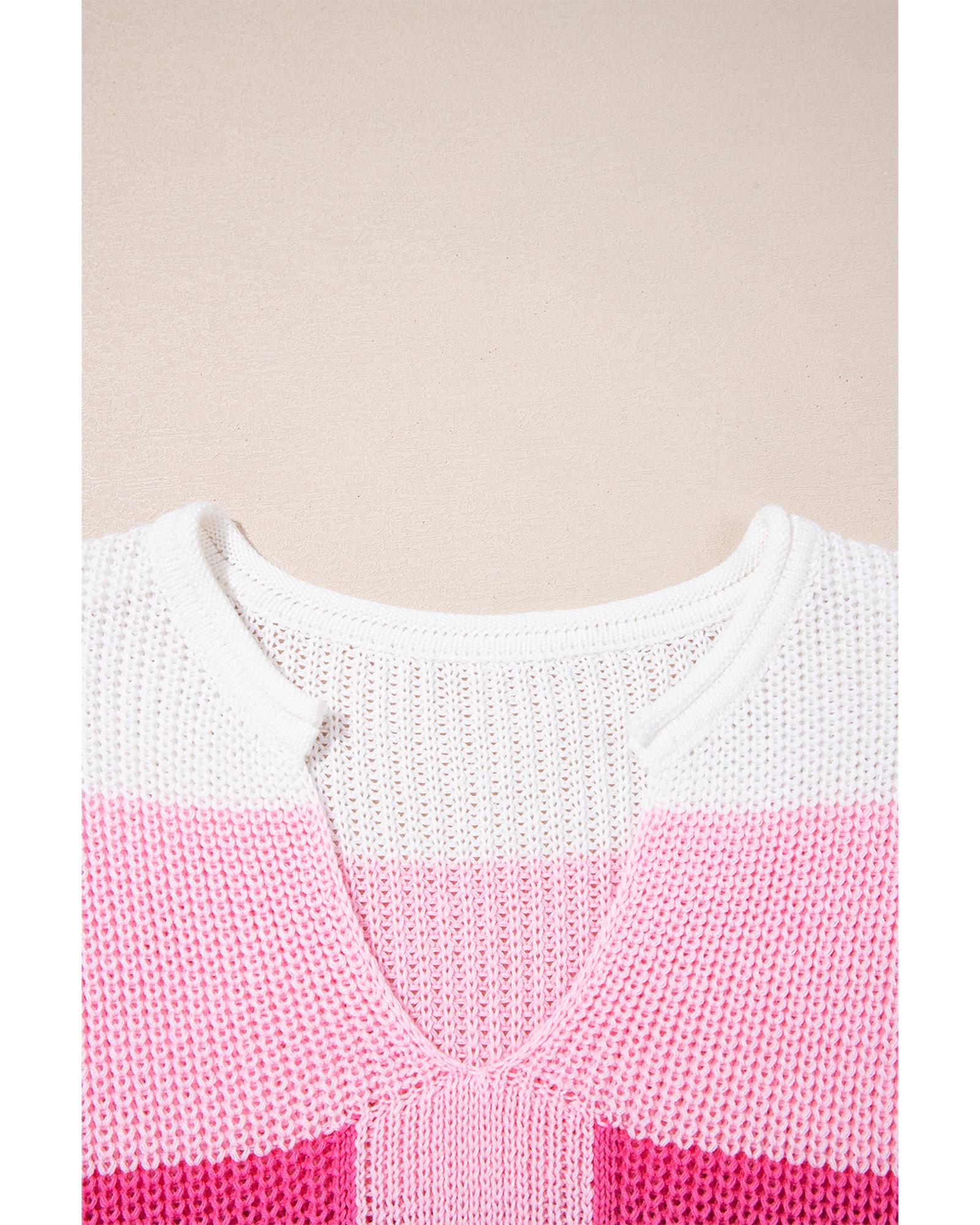 Pink Color Block Notch V Neck Sweater T Shirt - M 7
