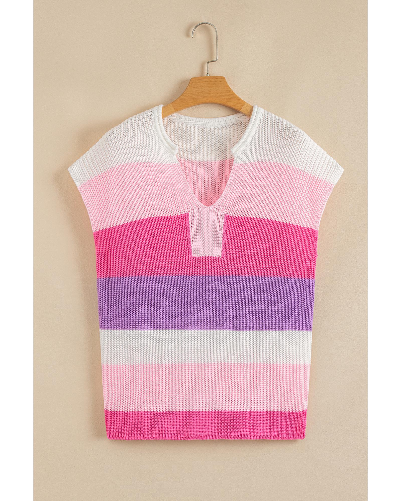 Pink Color Block Notch V Neck Sweater T Shirt - S 5
