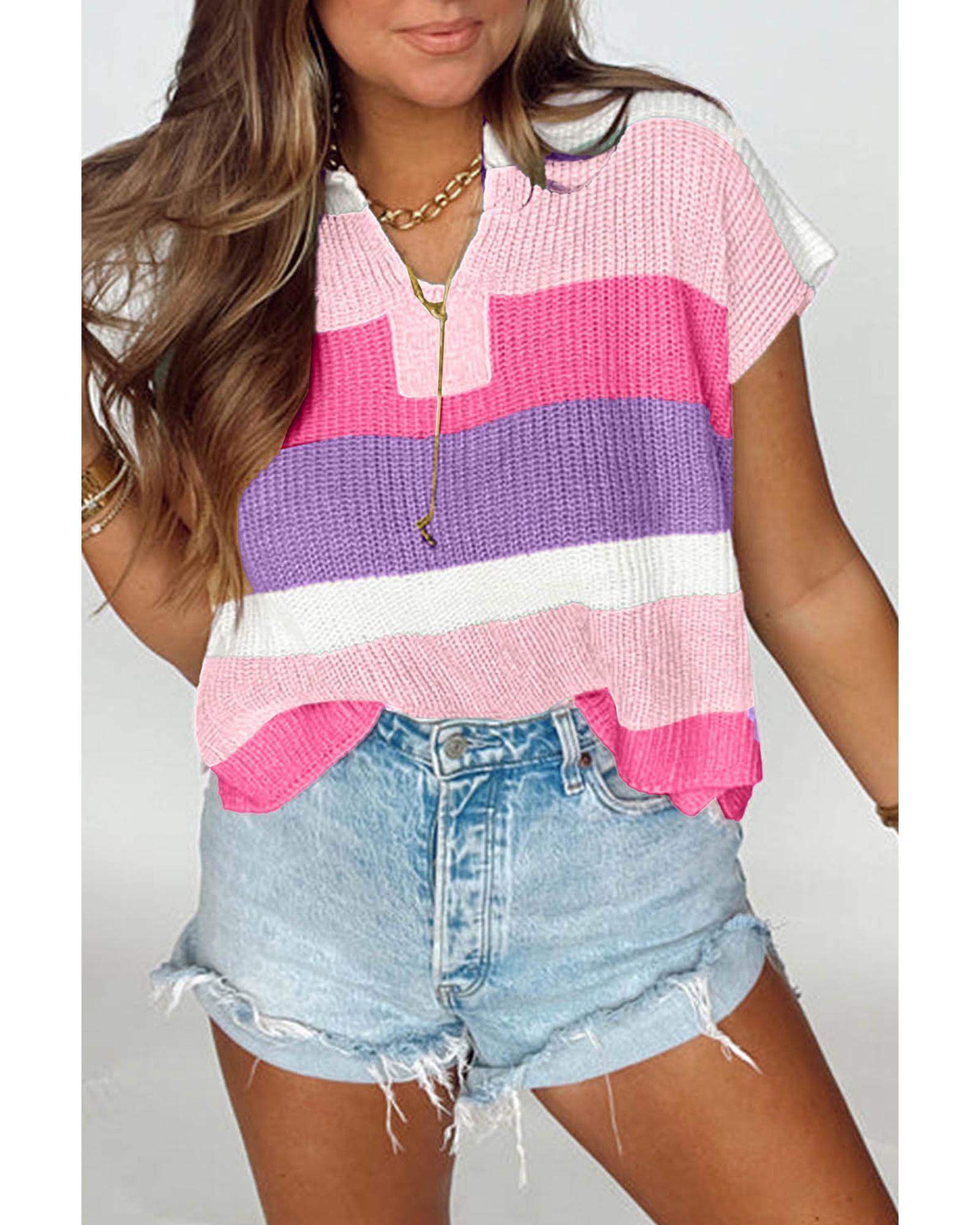 Pink Color Block Notch V Neck Sweater T Shirt - XL