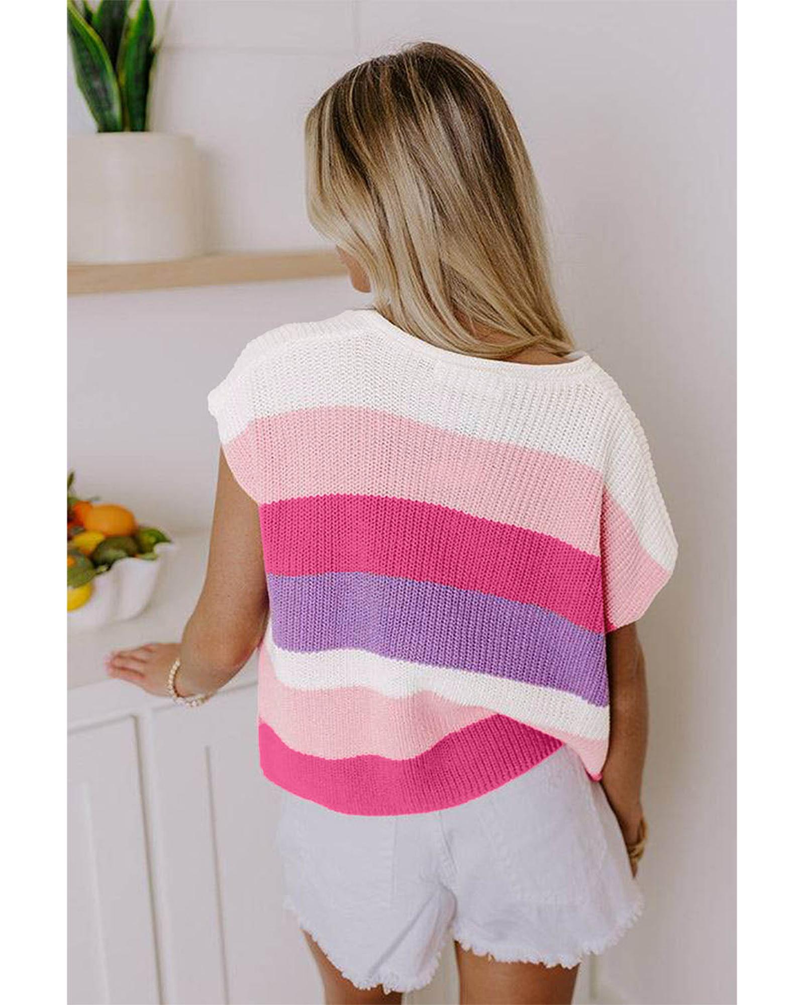 Pink Color Block Notch V Neck Sweater T Shirt - XL