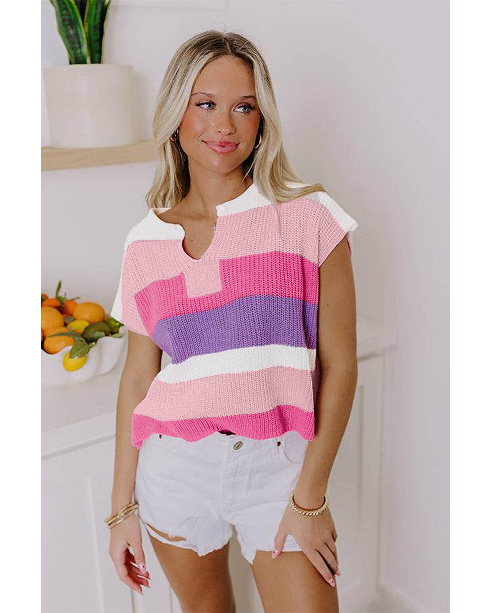 Pink Color Block Notch V Neck Sweater T Shirt - XL 3