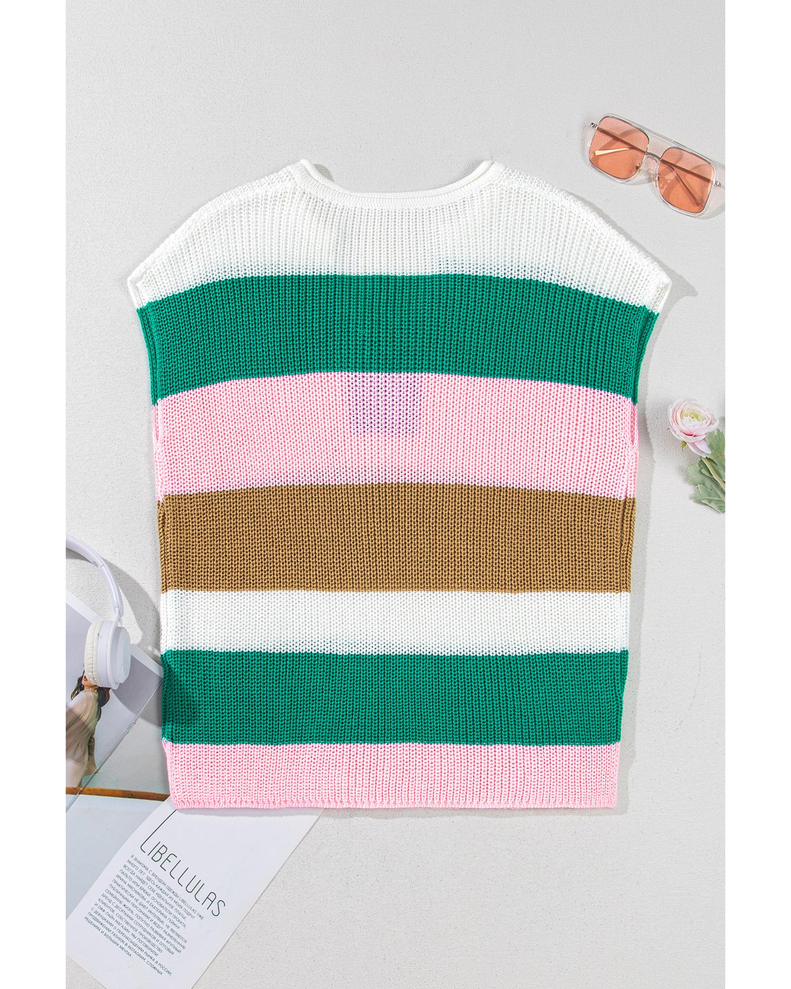 Multicolour Color Block Notch V Neck Sweater T Shirt - L 6