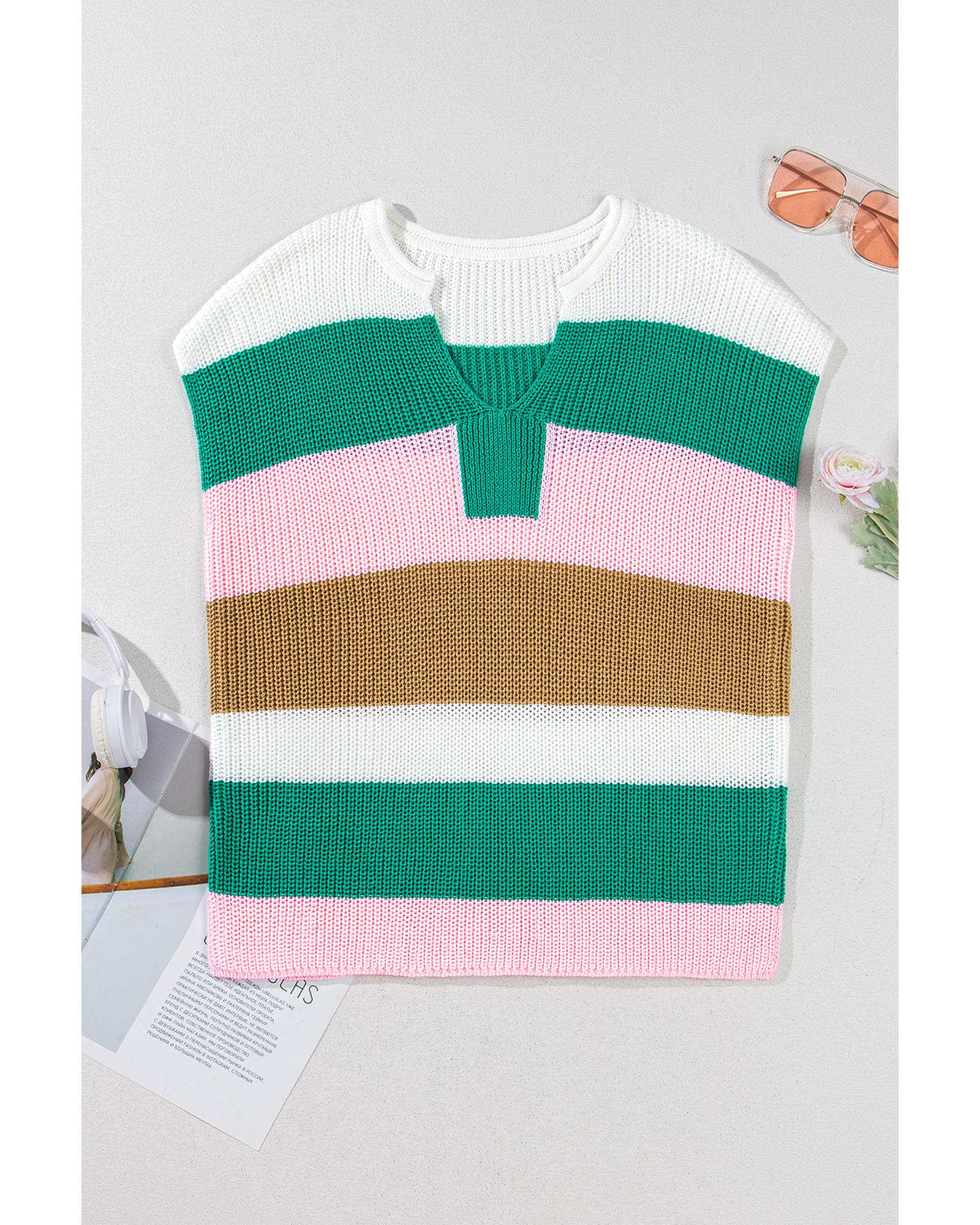 Multicolour Color Block Notch V Neck Sweater T Shirt - S 5