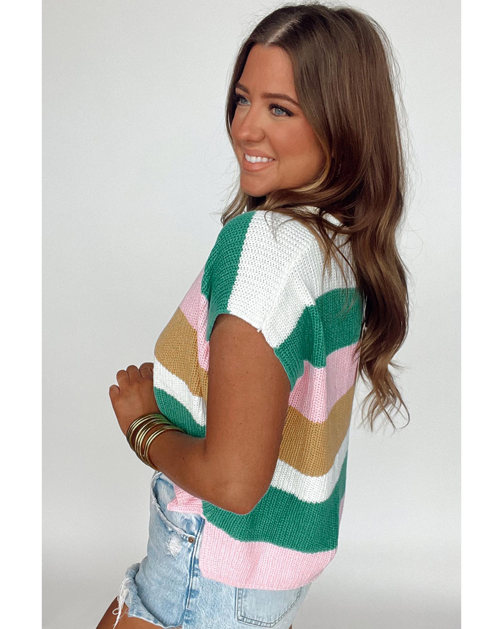 Multicolour Color Block Notch V Neck Sweater T Shirt - XL