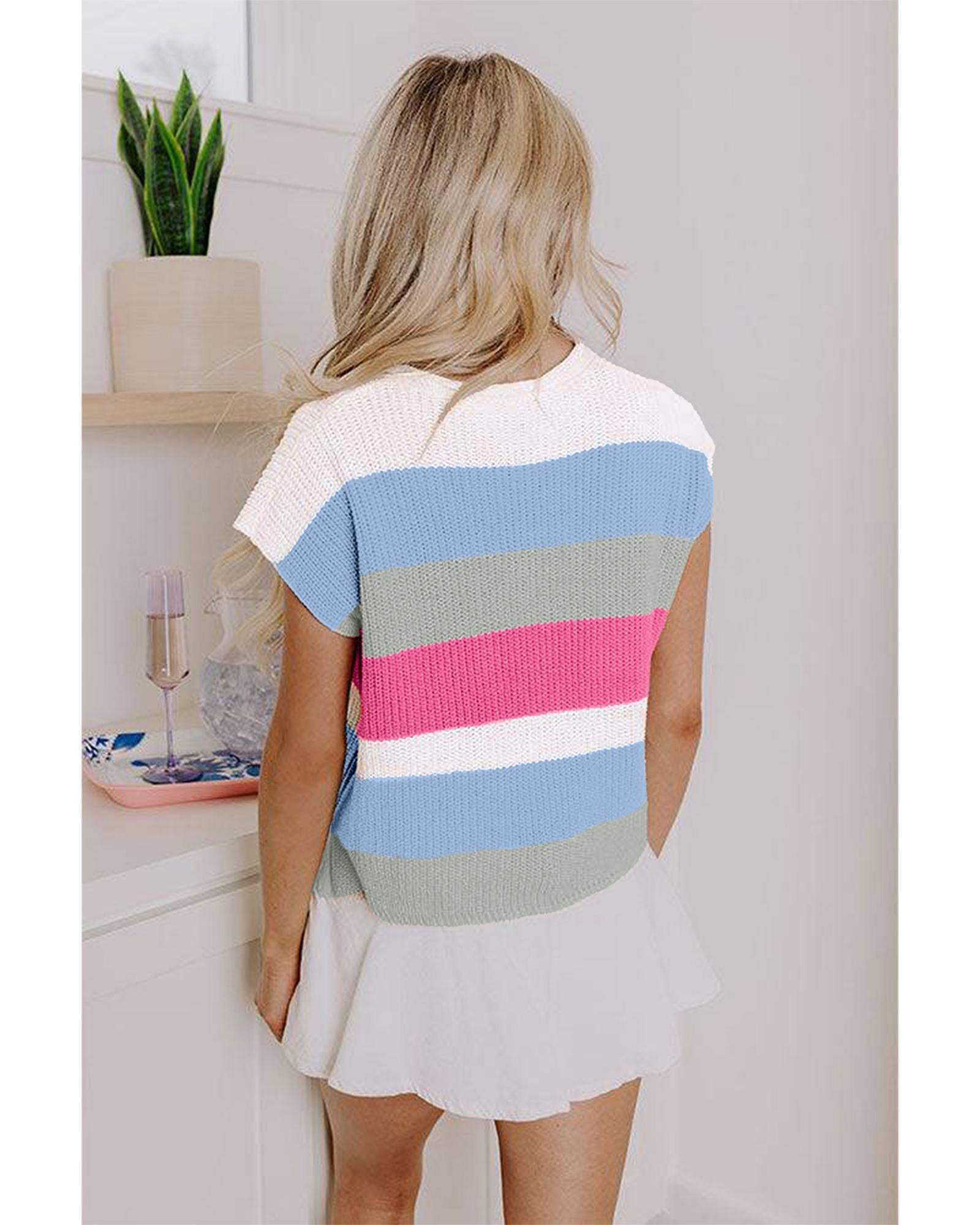 Light Blue Color Block Notch V Neck Sweater T Shirt - L