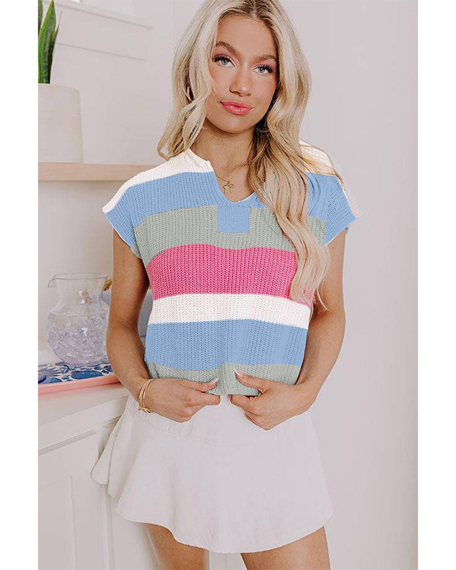 Light Blue Color Block Notch V Neck Sweater T Shirt - L 3