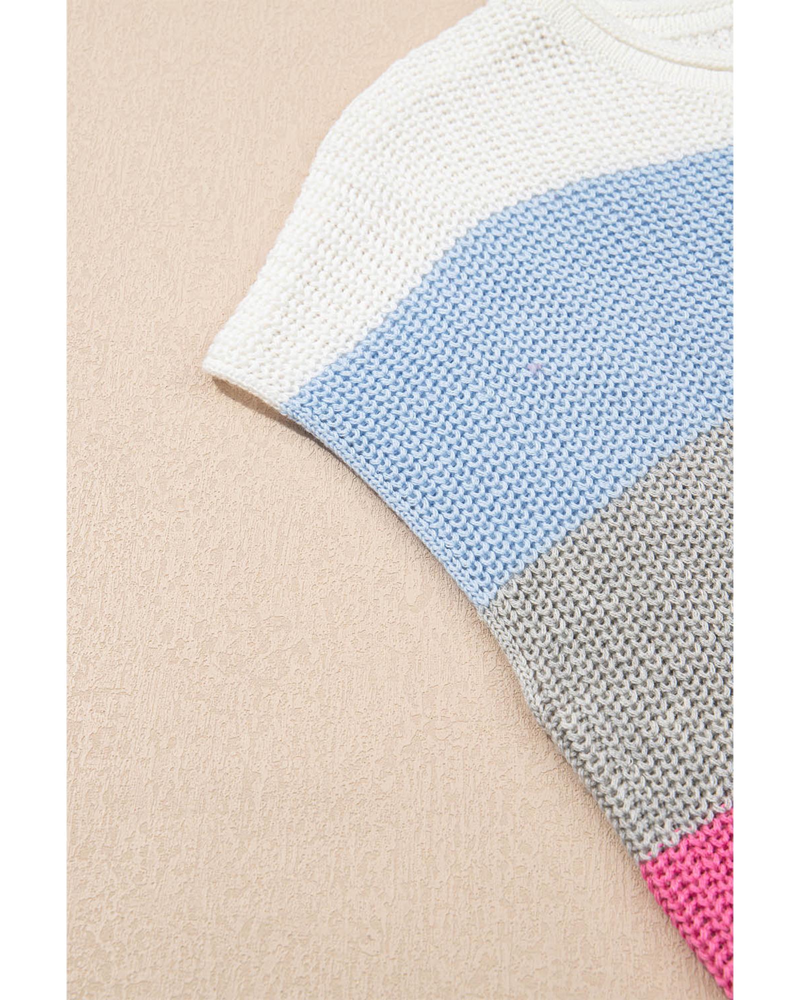 Light Blue Color Block Notch V Neck Sweater T Shirt - M 8