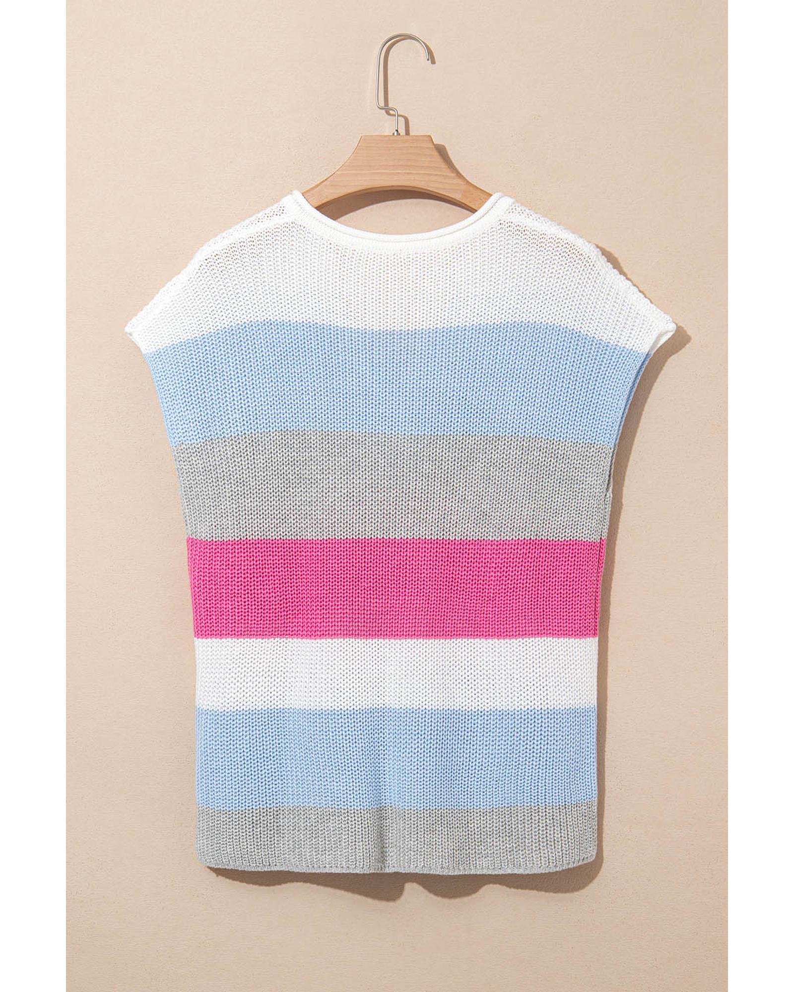 Light Blue Color Block Notch V Neck Sweater T Shirt - S 6
