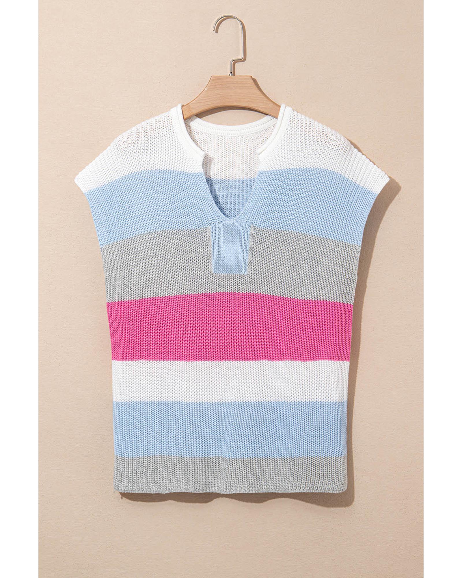 Light Blue Color Block Notch V Neck Sweater T Shirt - XL 5
