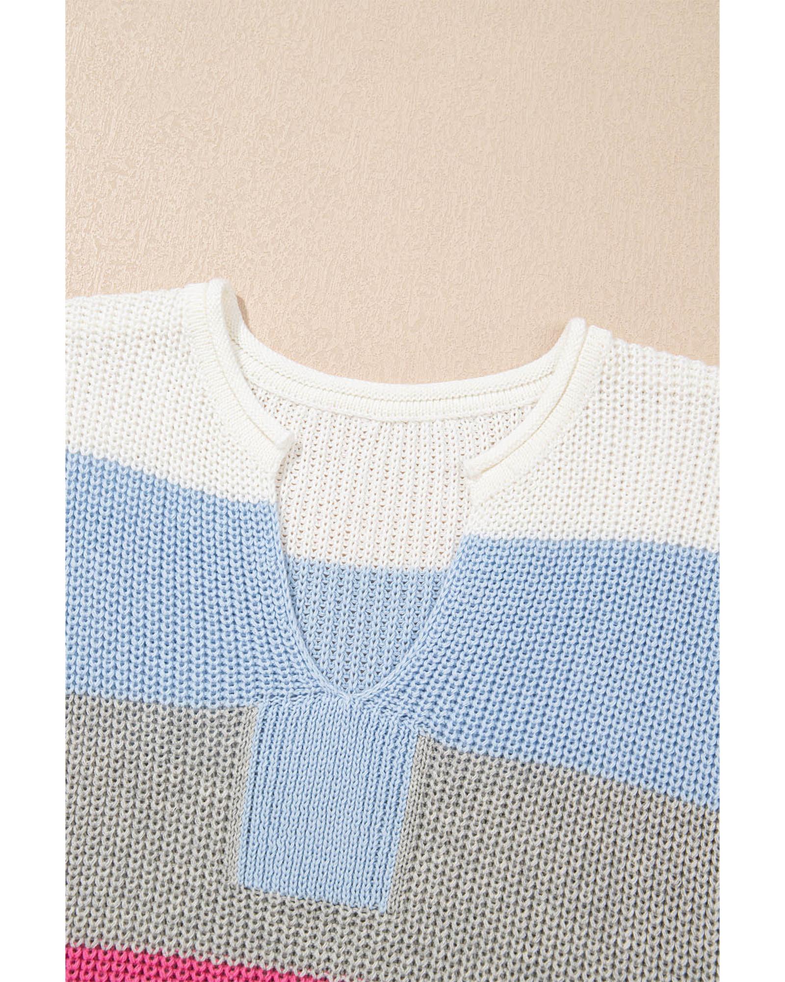 Light Blue Color Block Notch V Neck Sweater T Shirt - XL 7