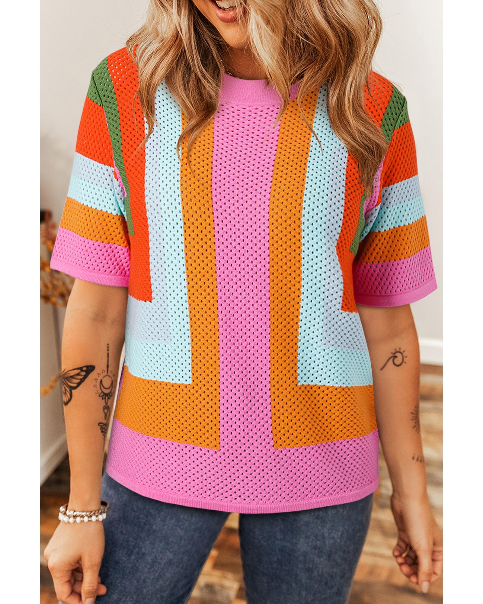 Orange Color Block Eyelet Casual Sweater T Shirt - XL