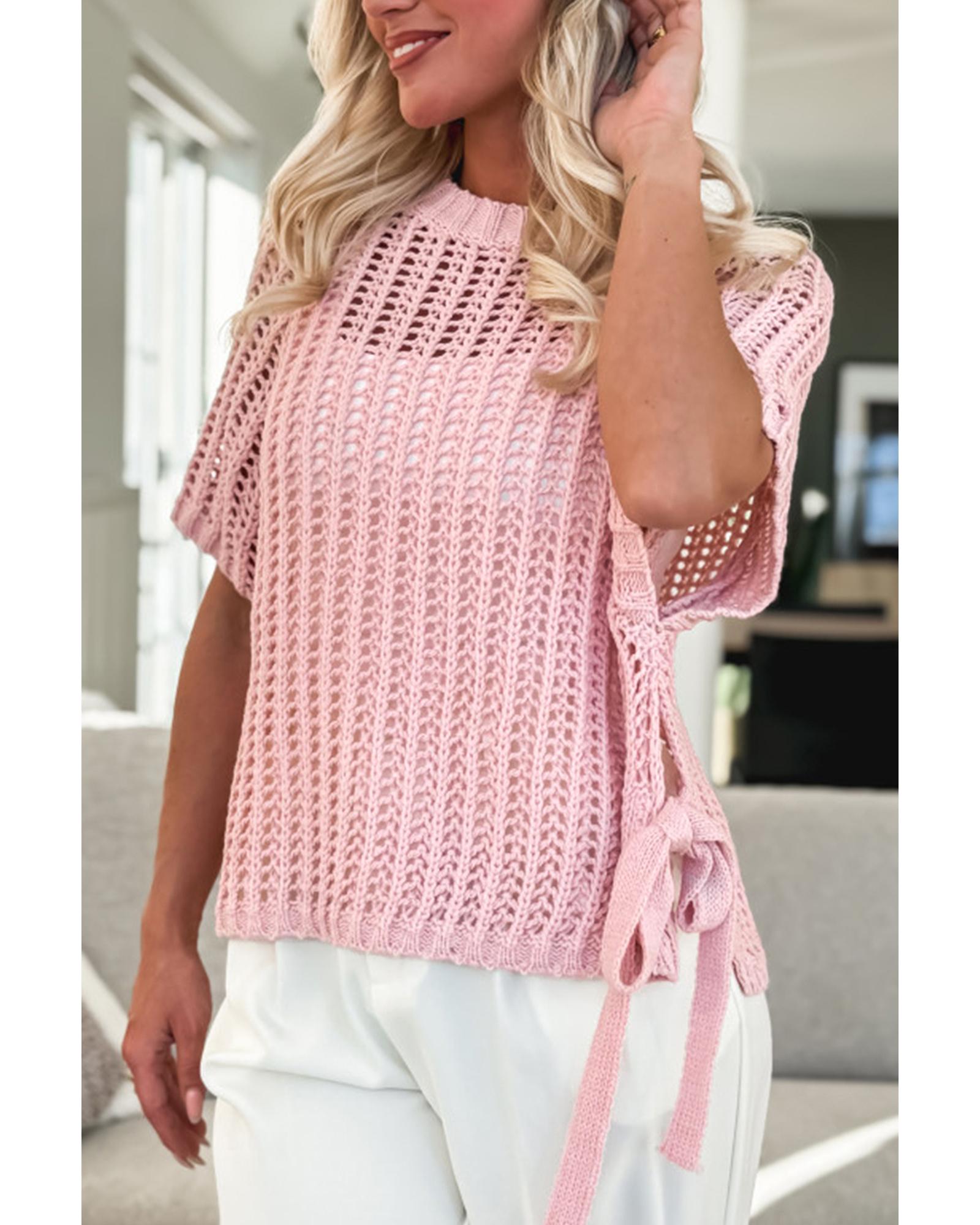Pink Hollow-out Crochet Side Tied Short Sleeve Sweater - L