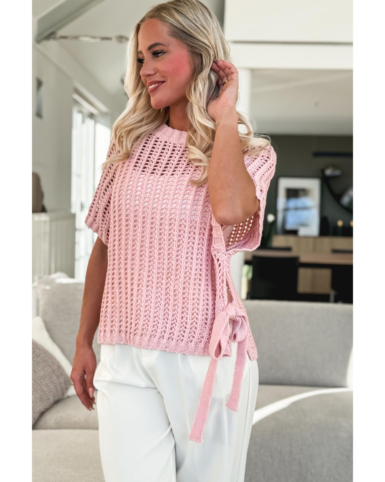 Pink Hollow-out Crochet Side Tied Short Sleeve Sweater - L 6