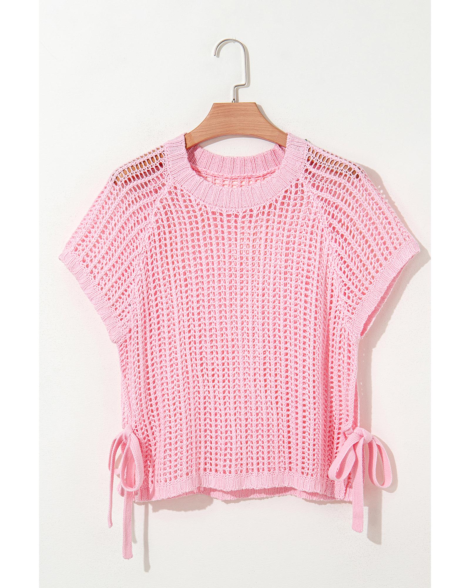 Pink Hollow-out Crochet Side Tied Short Sleeve Sweater - L 7