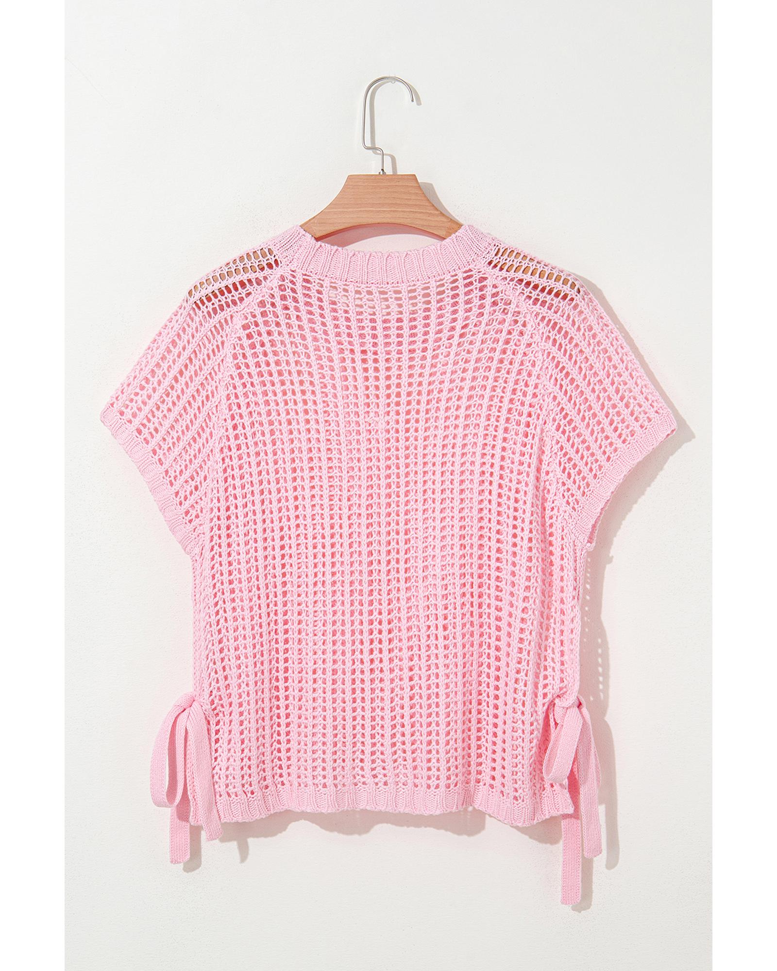 Pink Hollow-out Crochet Side Tied Short Sleeve Sweater - L 8