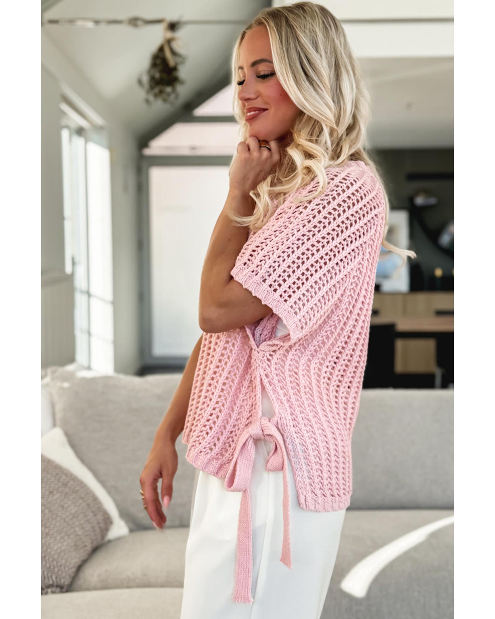 Pink Hollow-out Crochet Side Tied Short Sleeve Sweater - M