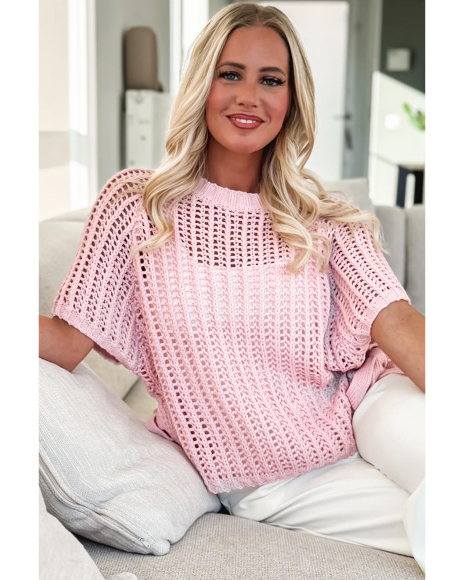 Pink Hollow-out Crochet Side Tied Short Sleeve Sweater - XL 3