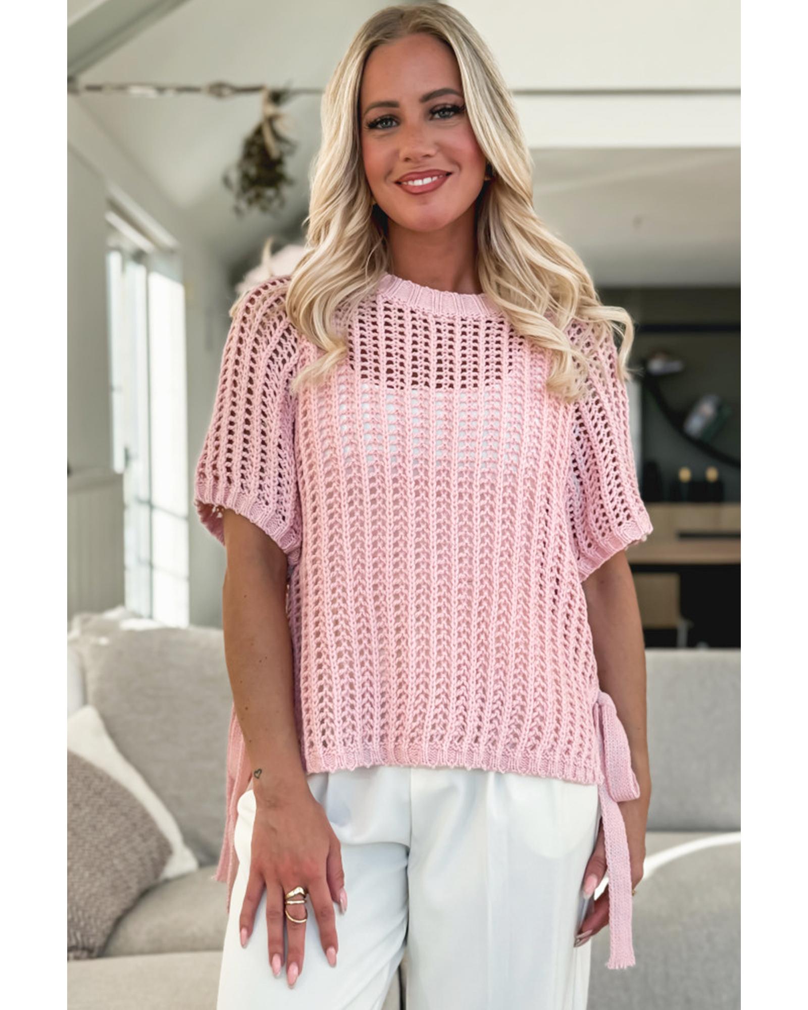 Pink Hollow-out Crochet Side Tied Short Sleeve Sweater - XL 4